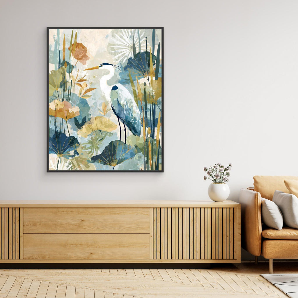 Heron in the Reeds Canvas Wall Art | Modern Nature Print | Nursery - Framed Pop Art