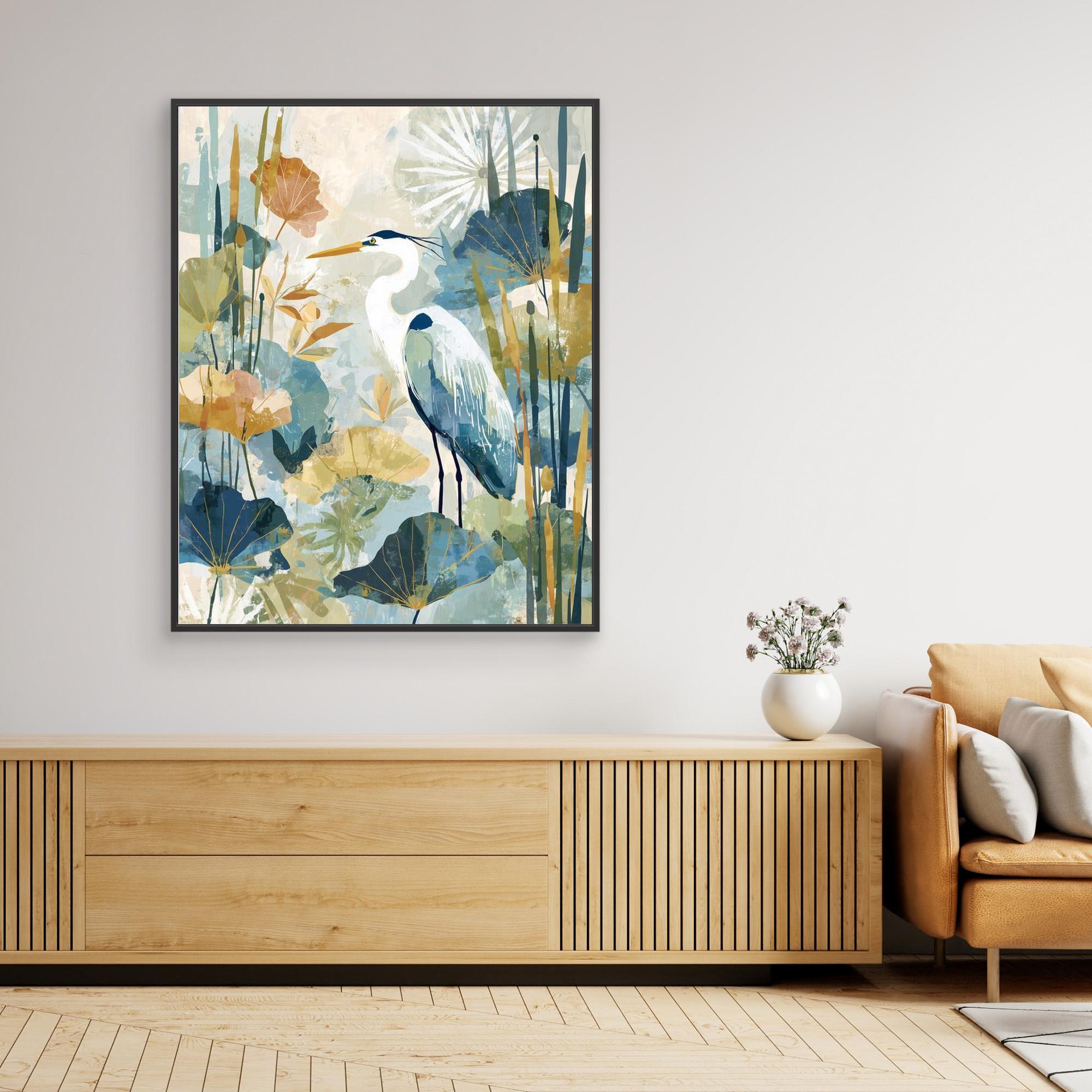 Heron in the Reeds Canvas Wall Art | Modern Nature Print | Nursery - Framed Pop Art
