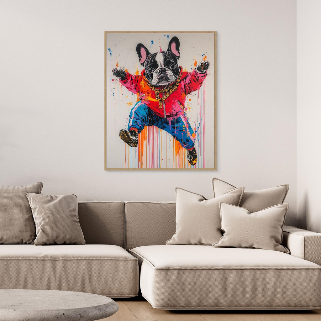 Frenchie Hip Hop Art - Canvas Wall Decor | Urban Dog Print - Framed Pop Art
