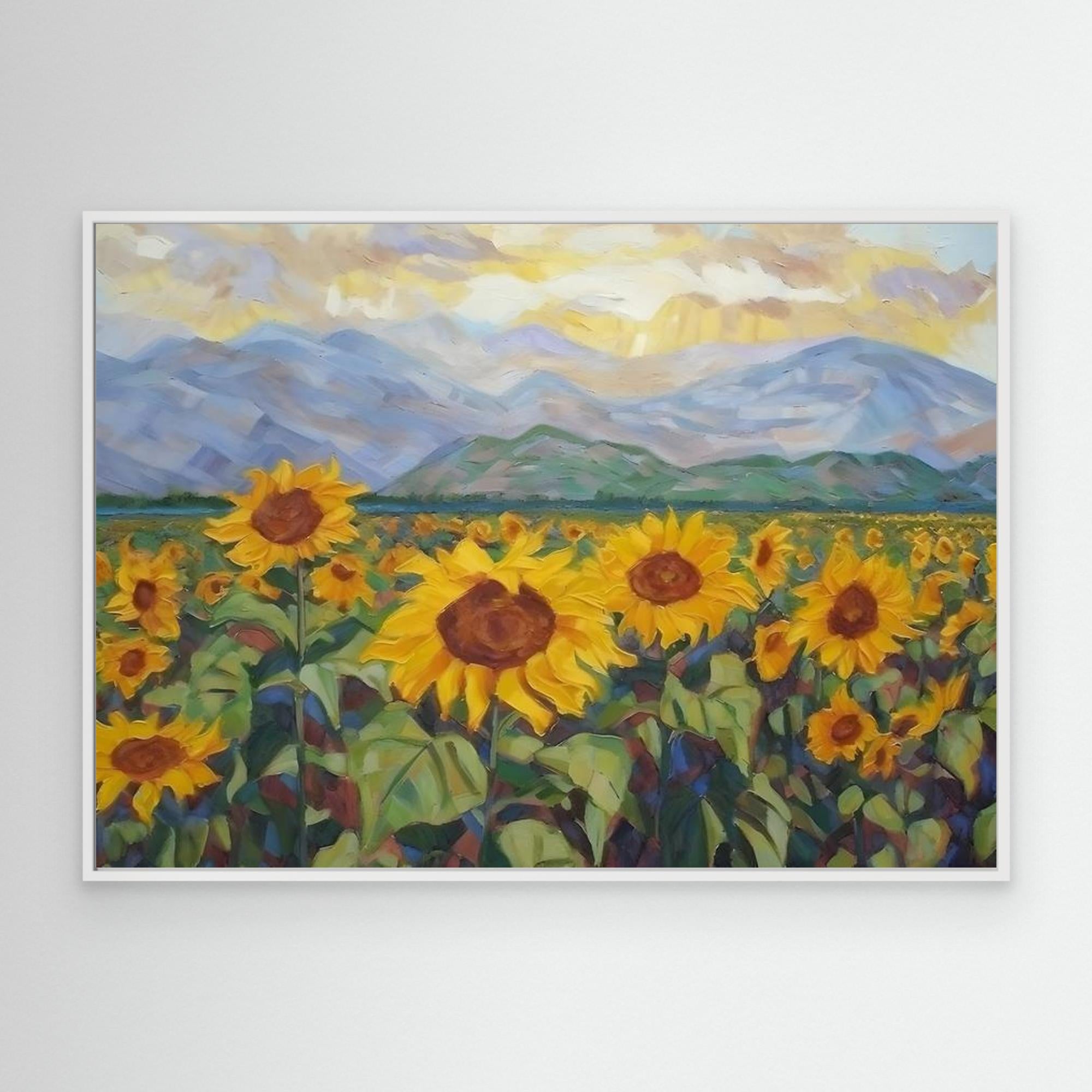 Sunflower Field Mountain Landscape | Hallway Wall Art - Framed Pop Art