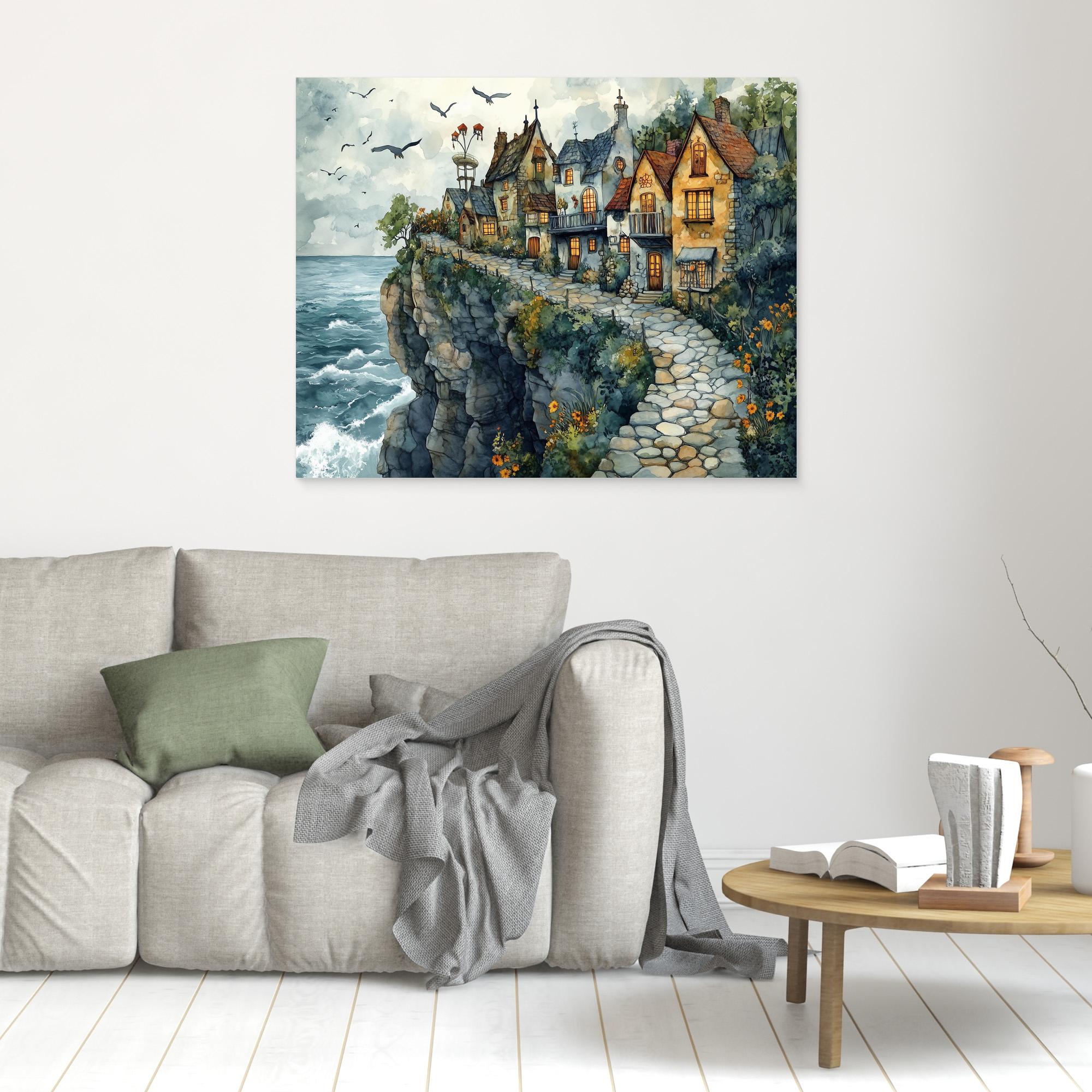 Coastal Cliffside Village Canvas Print for Hallway Decor - Framed Pop Art