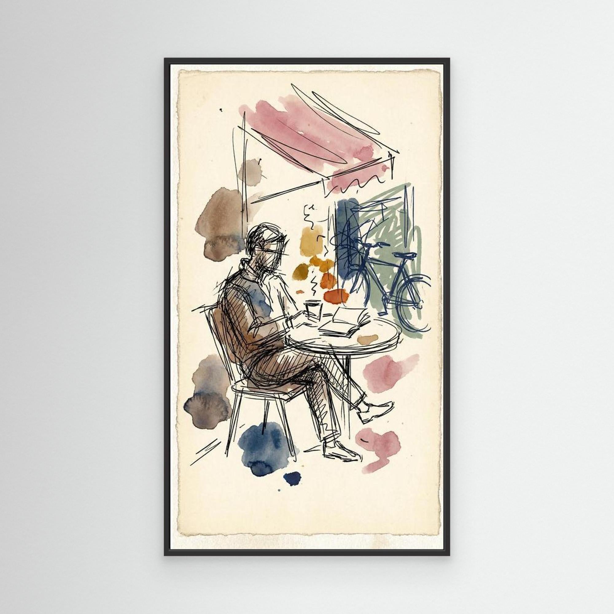 Man in Cafe Sketch Wall Art | Framed Canvas Print - Framed Pop Art