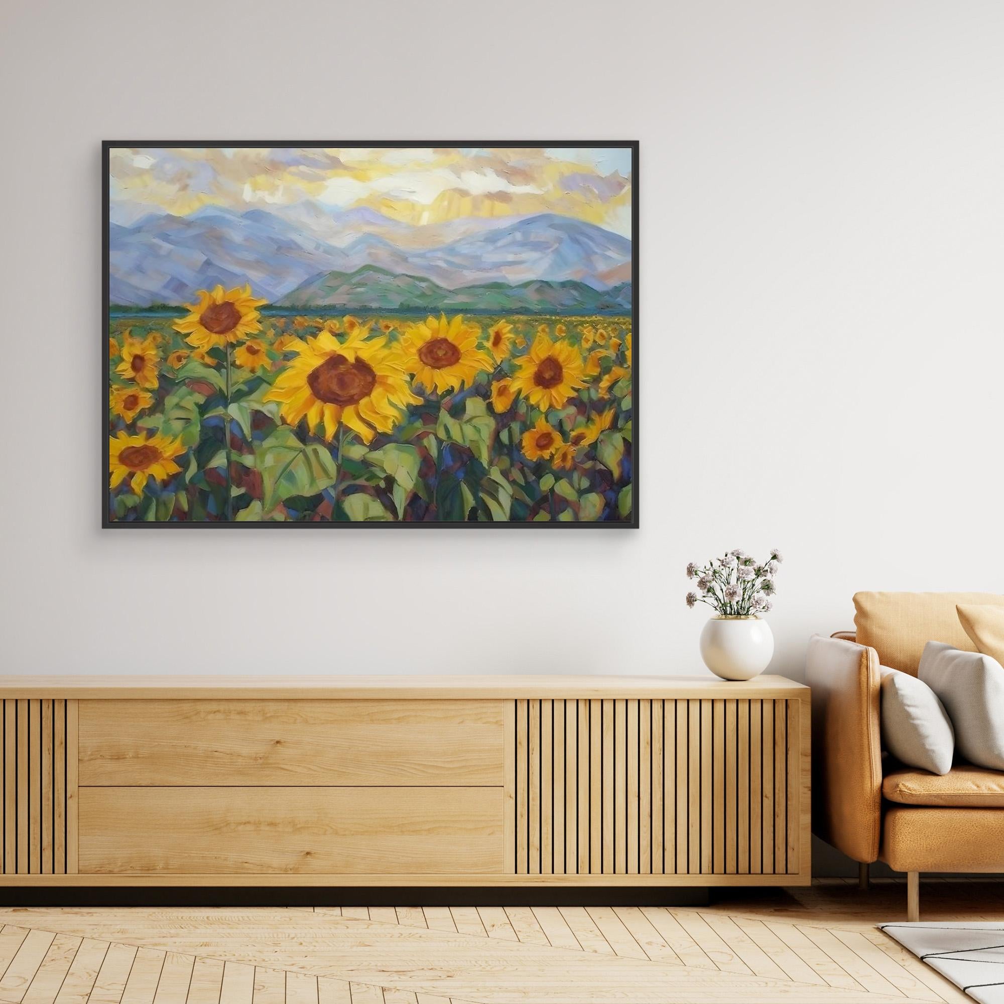 Sunflower Field Mountain Landscape | Hallway Wall Art - Framed Pop Art