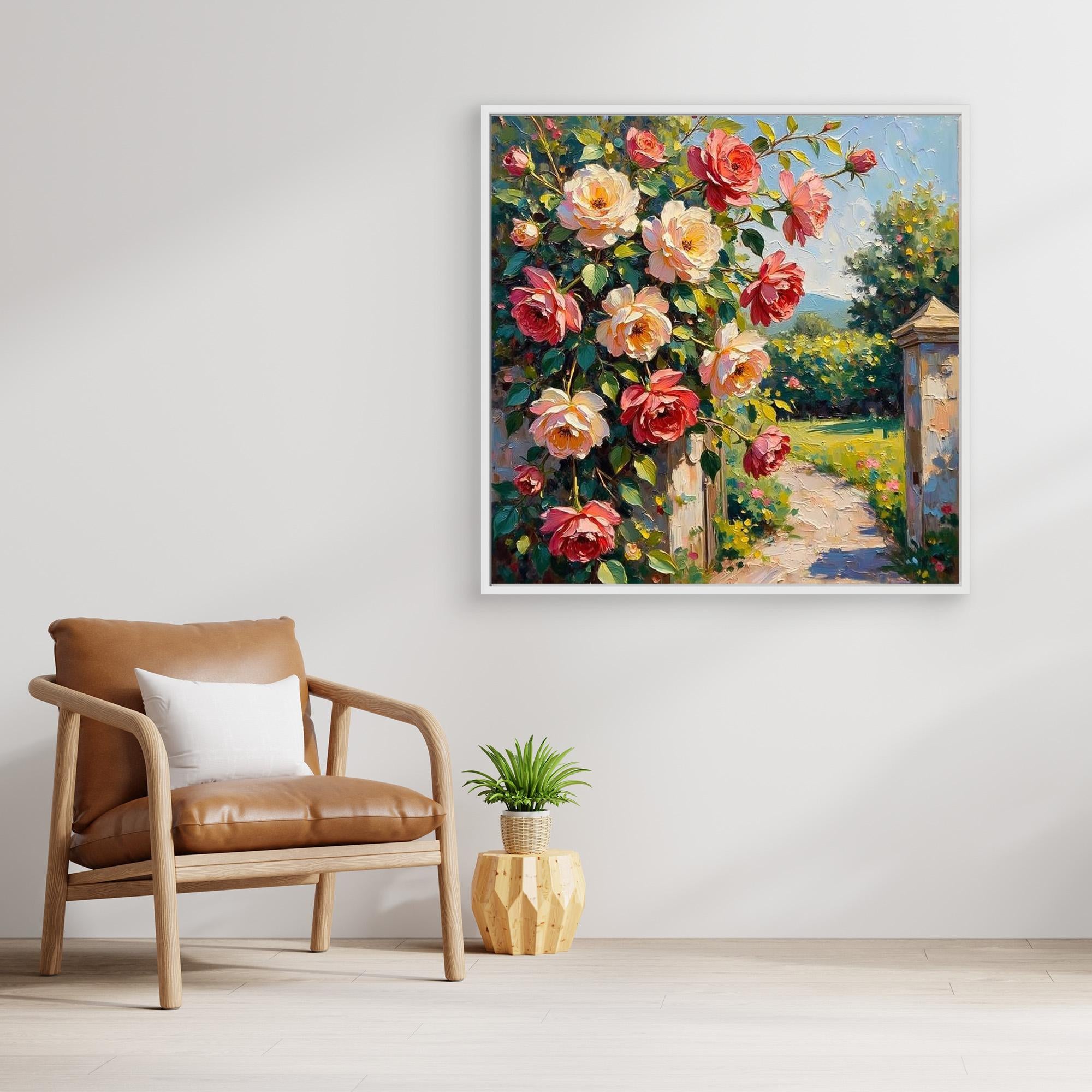 Pink Rose Garden Oil Painting | Floral Hallway Wall Art - Framed Pop Art
