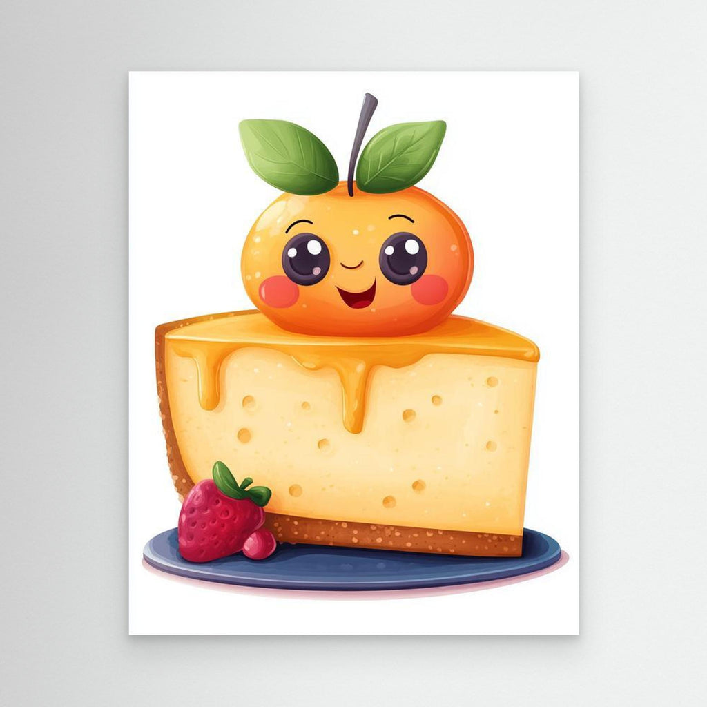 Kawaii Orange Cheesecake Art Print | Cute Kitchen Wall Decor - Framed Pop Art