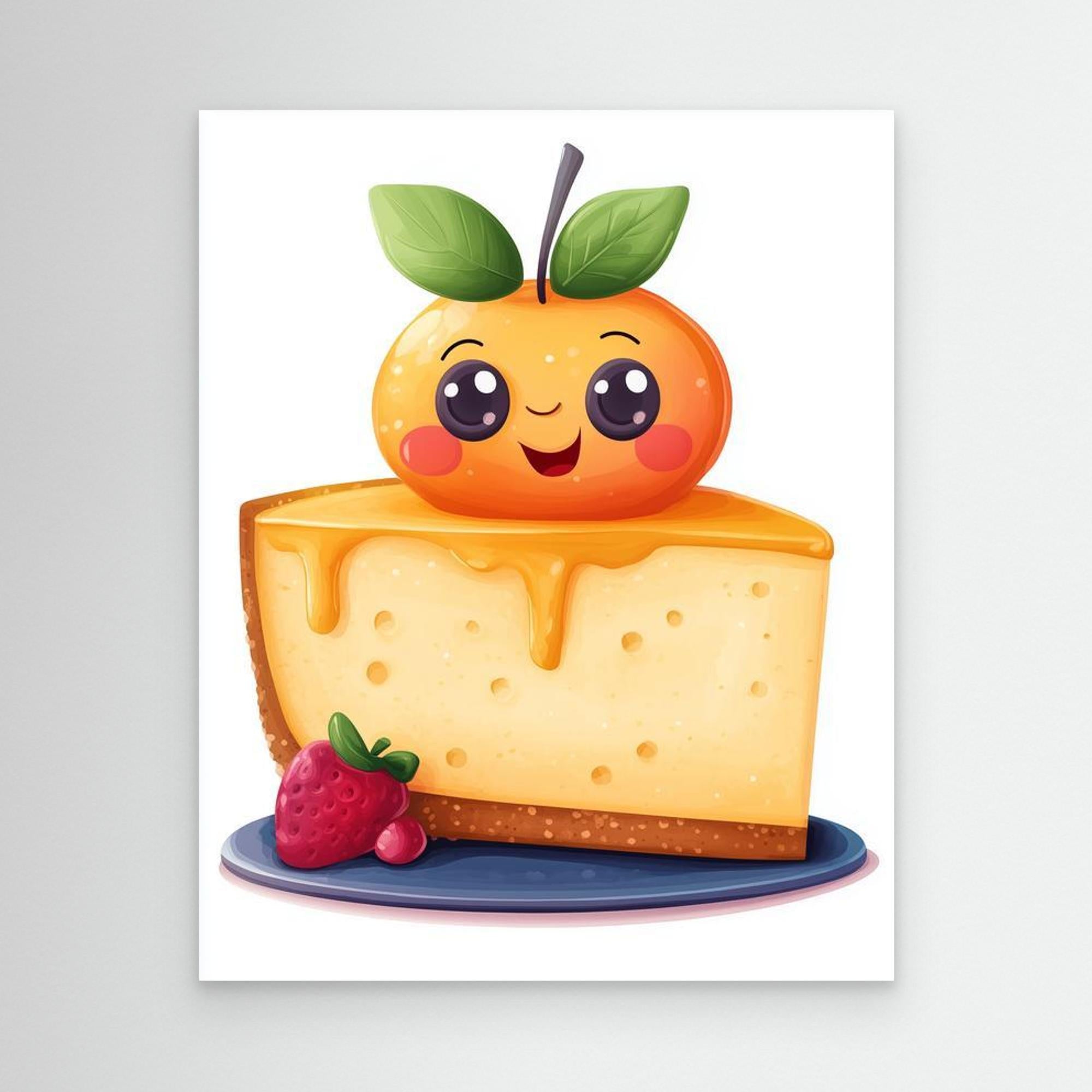 Kawaii Orange Cheesecake Art Print | Cute Kitchen Wall Decor - Framed Pop Art