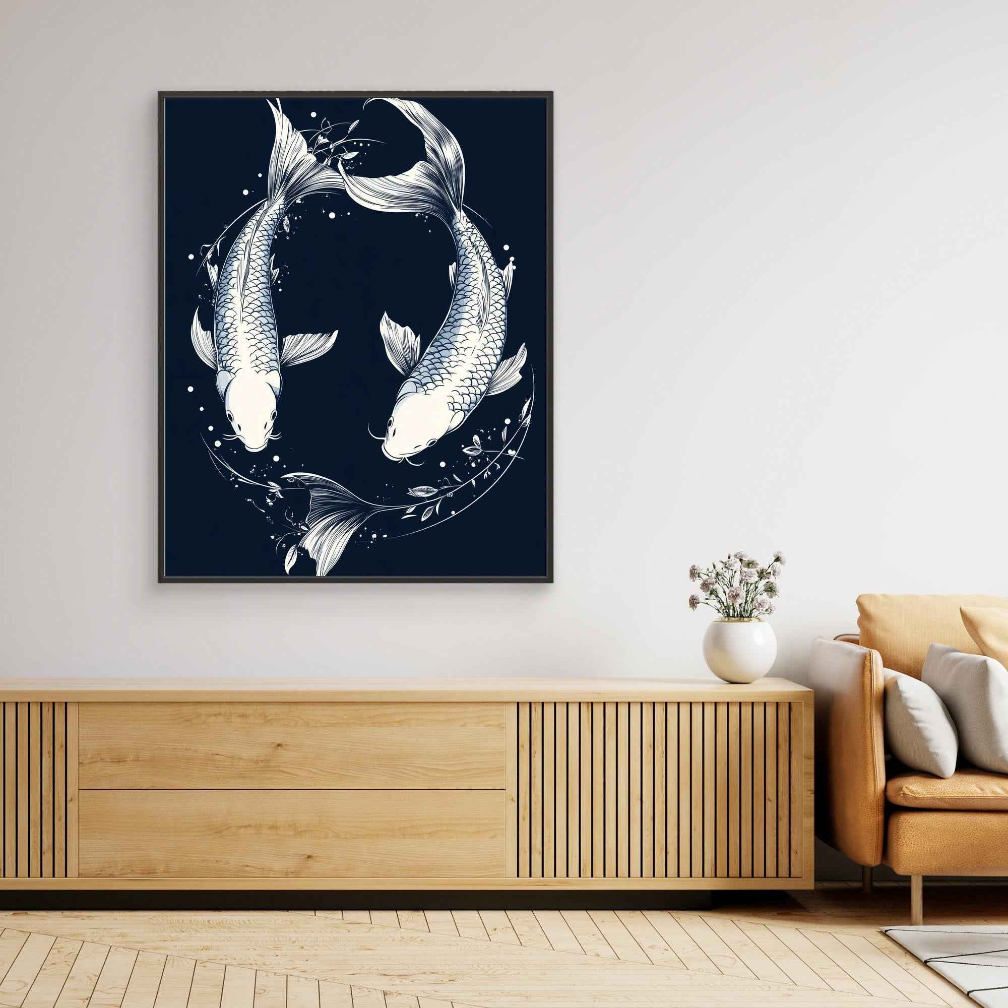 Koi Yin Yang Navy Canvas Wall Art - Framed Pop Art