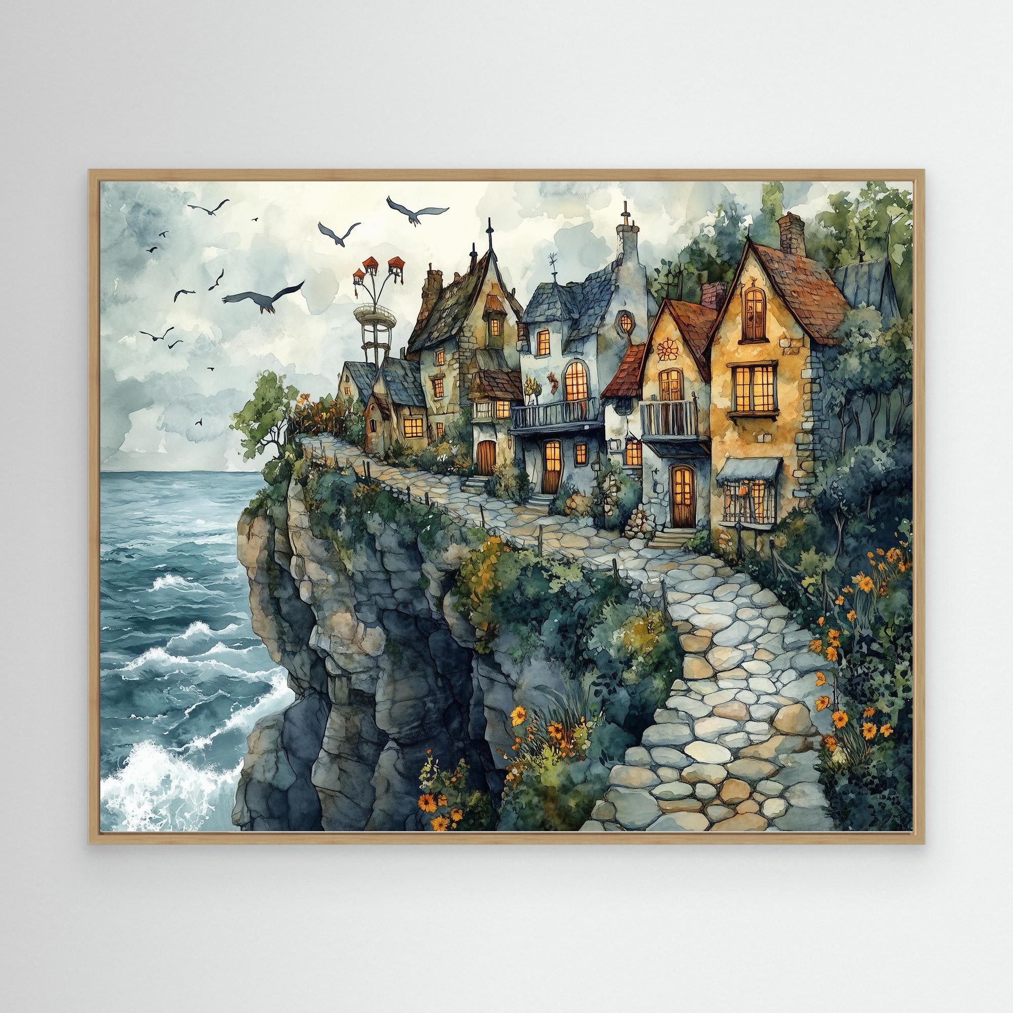 Coastal Cliffside Village Canvas Print for Hallway Decor - Framed Pop Art