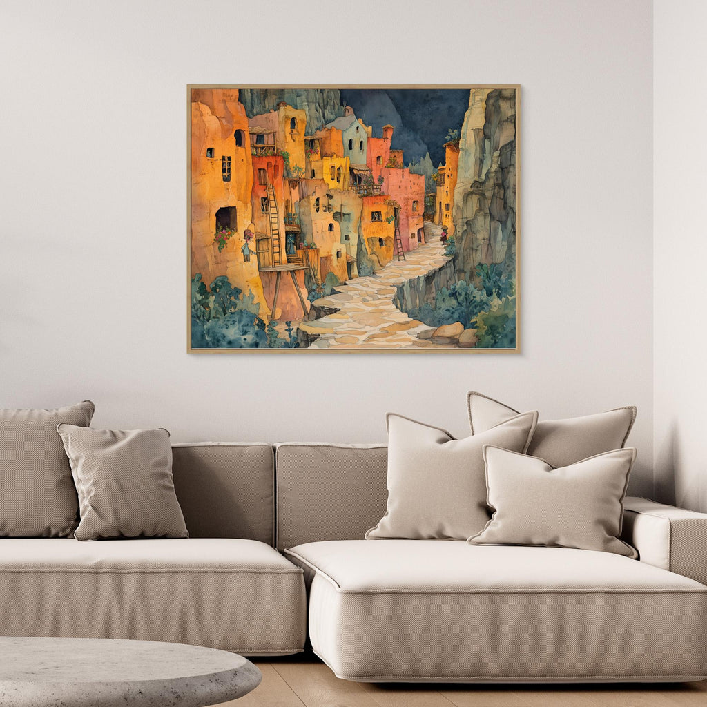 Watercolour Cliffside Village Canvas Print Hallway Art - Framed Pop Art
