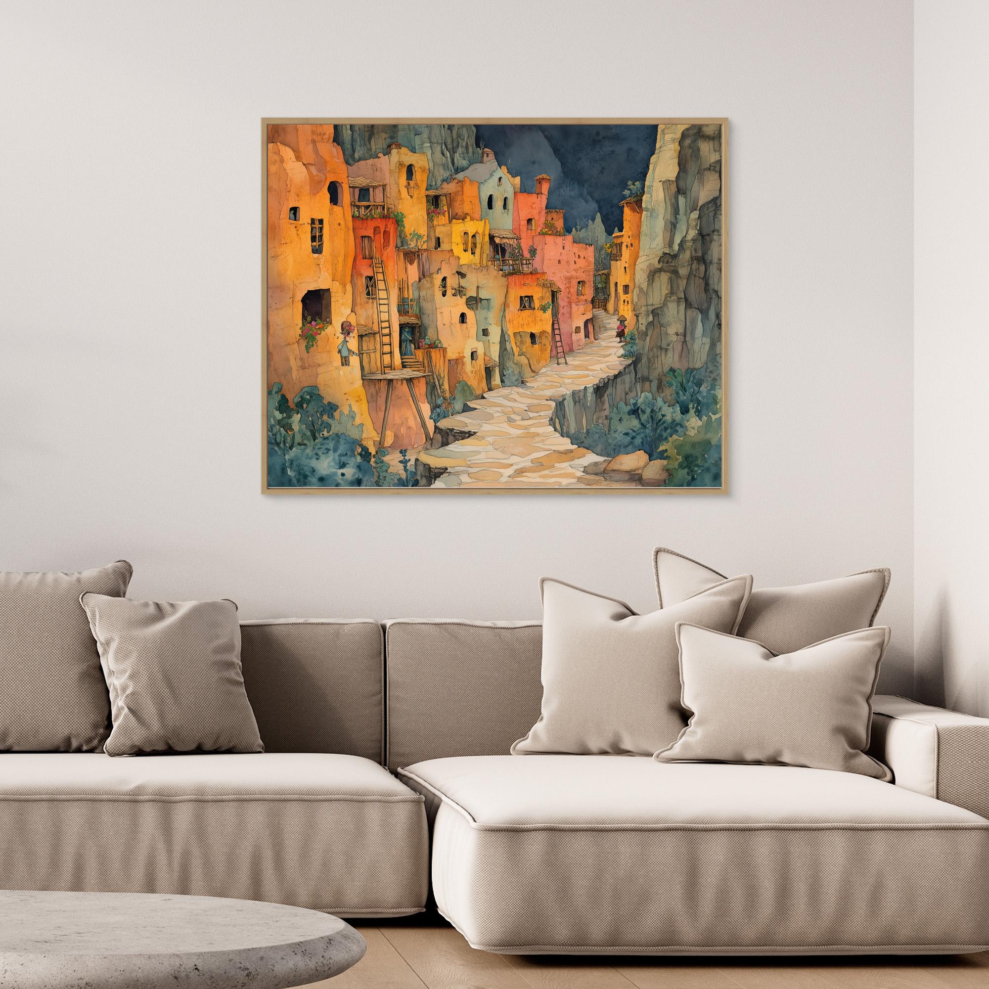 Watercolour Cliffside Village Canvas Print Hallway Art - Framed Pop Art