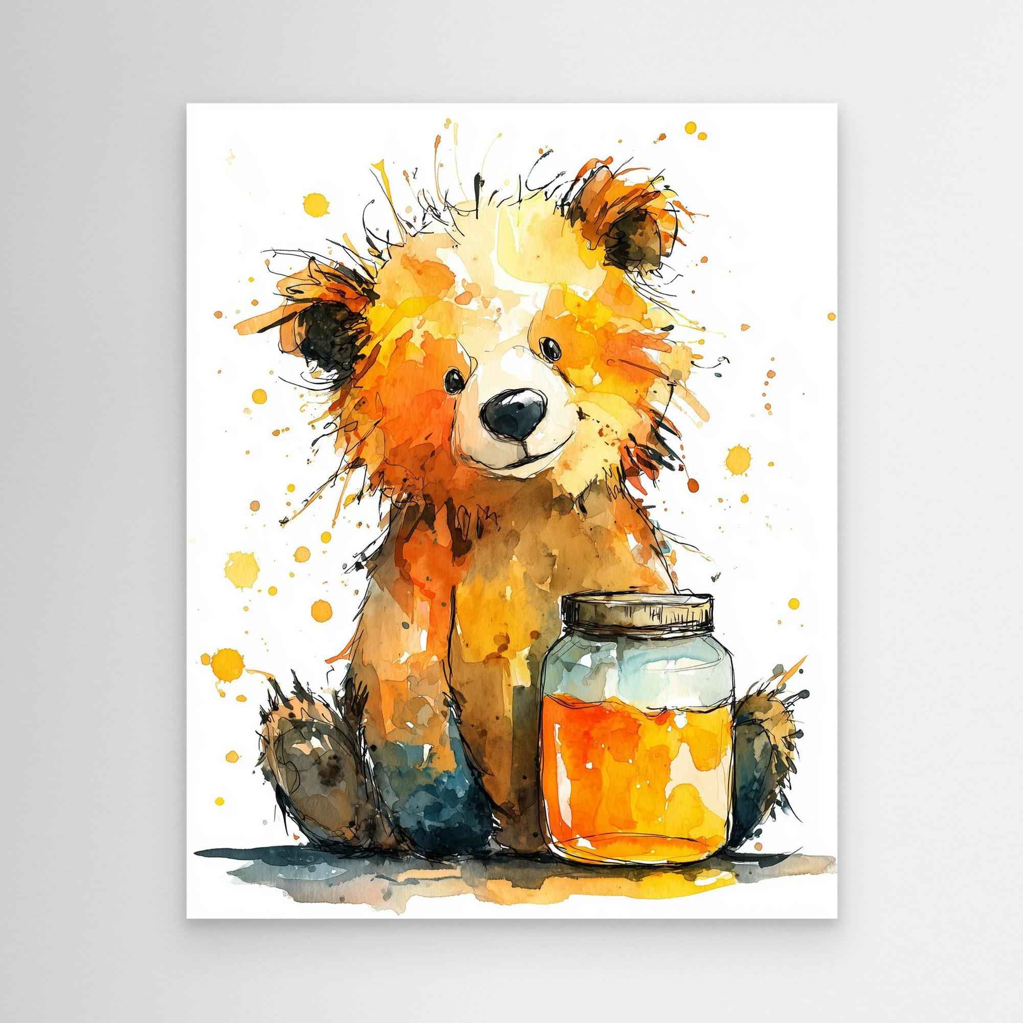Watercolor Teddy Bear Honey Jar Canvas - Framed Pop Art