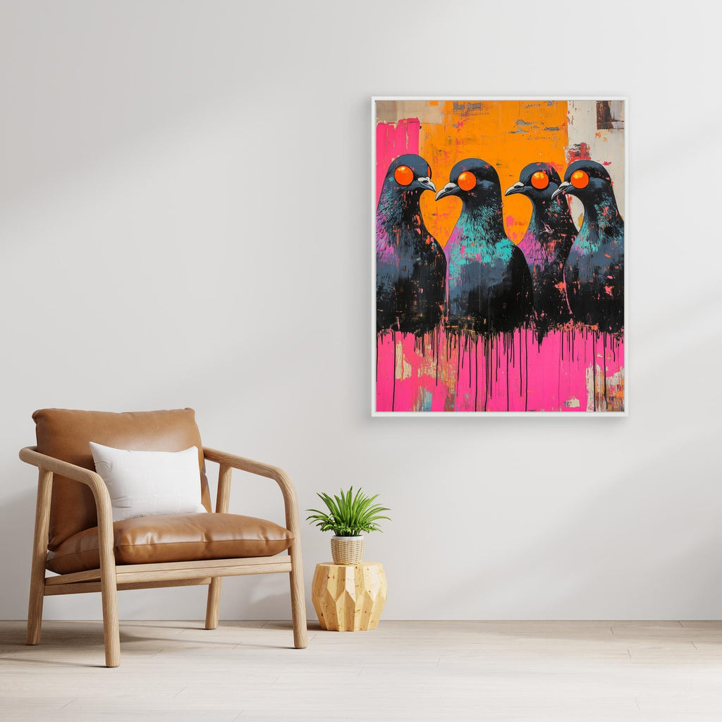 Neon Pigeon Wall Art Canvas for Modern Living Room - Framed Pop Art