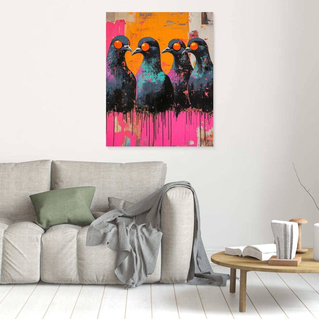Neon Pigeon Wall Art Canvas for Modern Living Room - Framed Pop Art