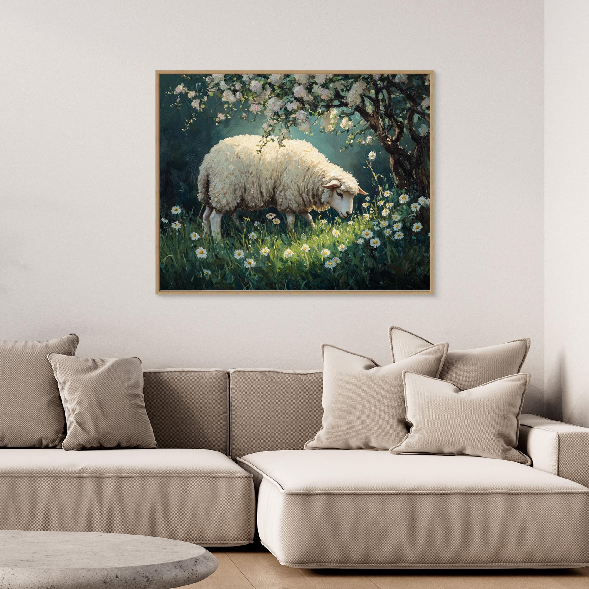 Sheep in Daisy Meadow Oil Painting Style Canvas Print - Framed Pop Art