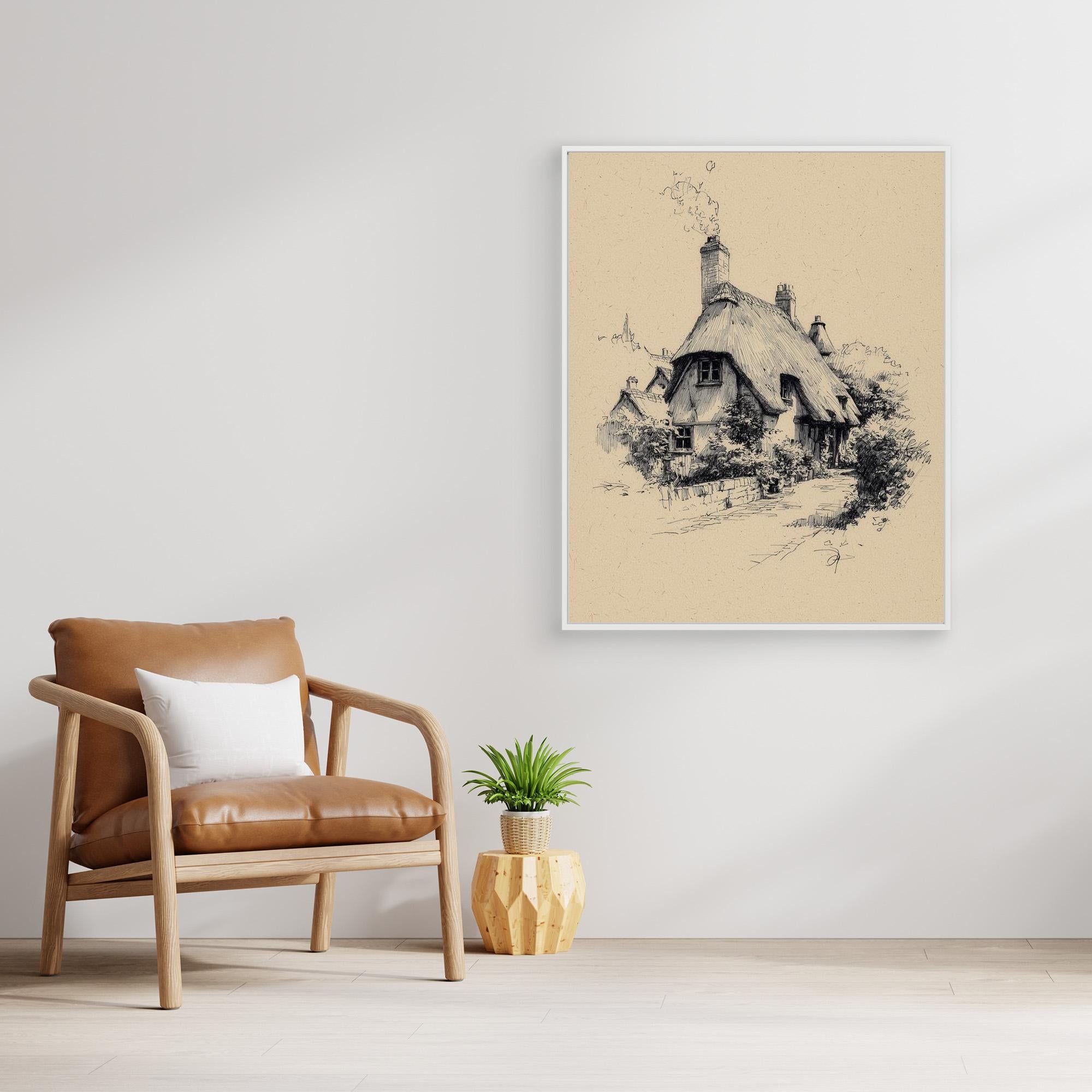 Vintage English Thatch Cottage Sketch | Framed Wall Art