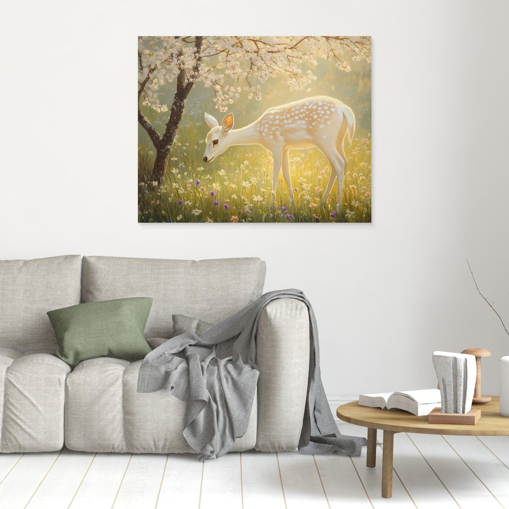 Enchanted White Fawn & Cherry Blossom Canvas Wall Art - Framed Pop Art