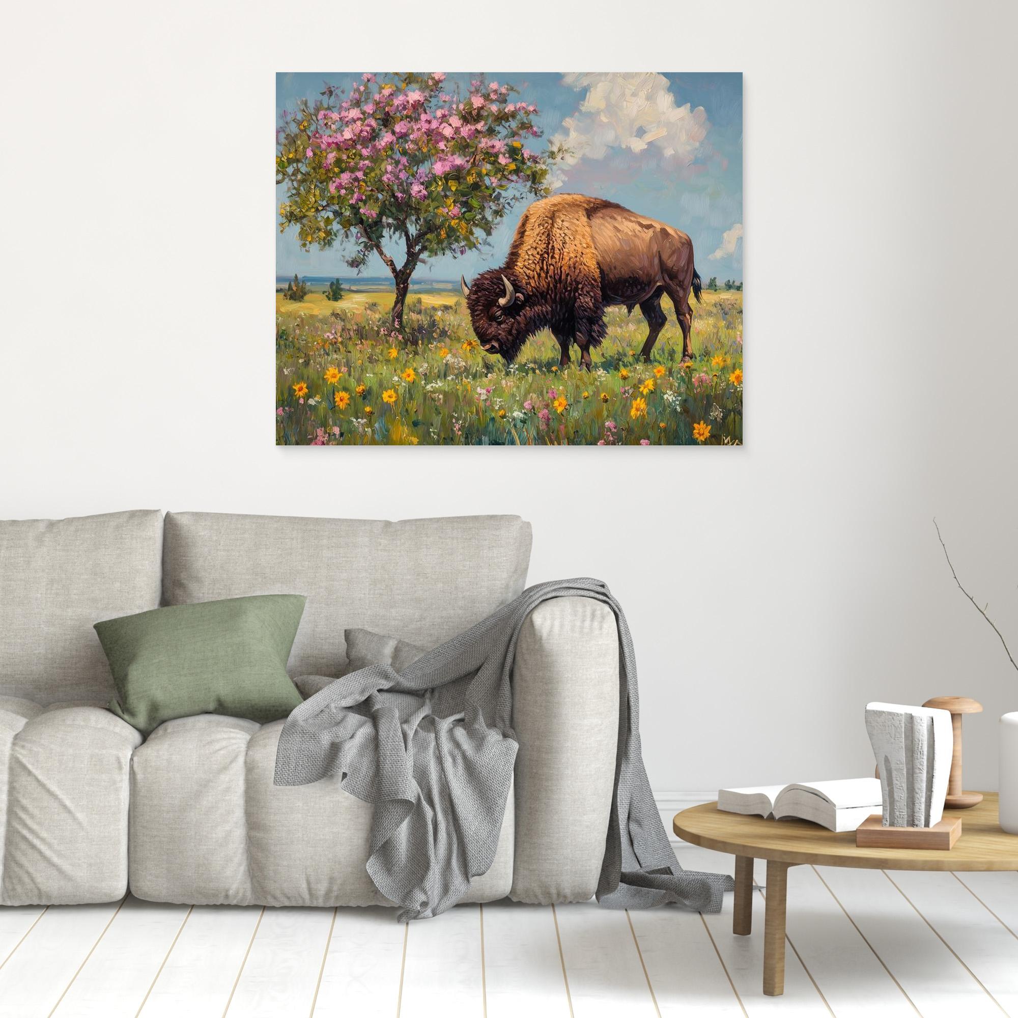 Bison in Spring Bloom Canvas Wall Art | Framed Animal Print - Framed Pop Art
