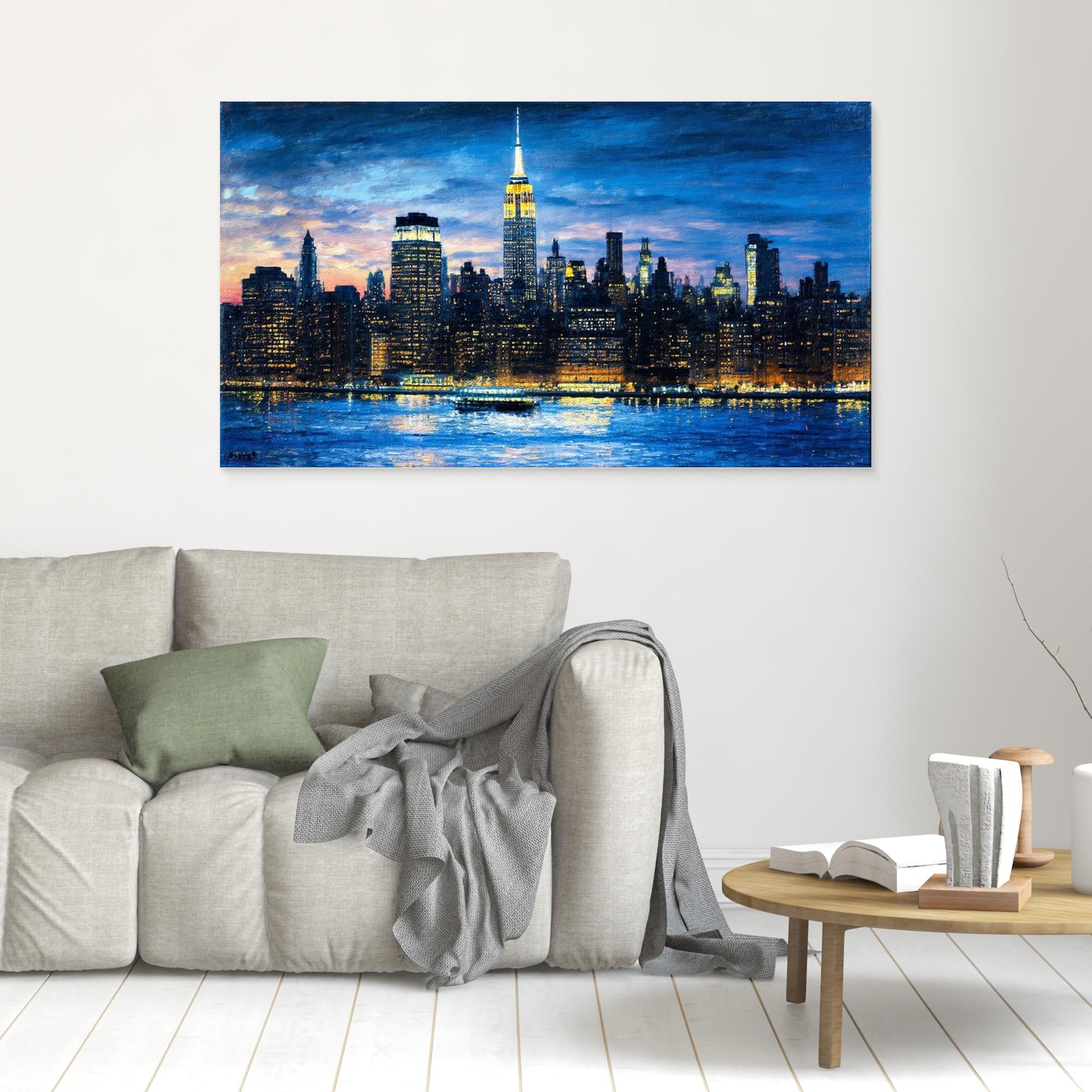 New York Skyline Night Panoramic Canvas Wall Art Print