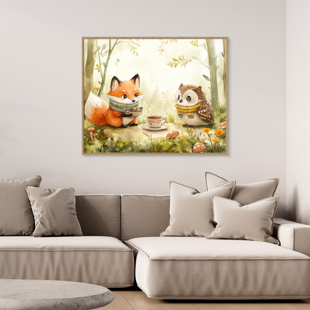 Fox and Owl Tea Party Woodland Wall Art | Nursery Decor - Framed Pop Art