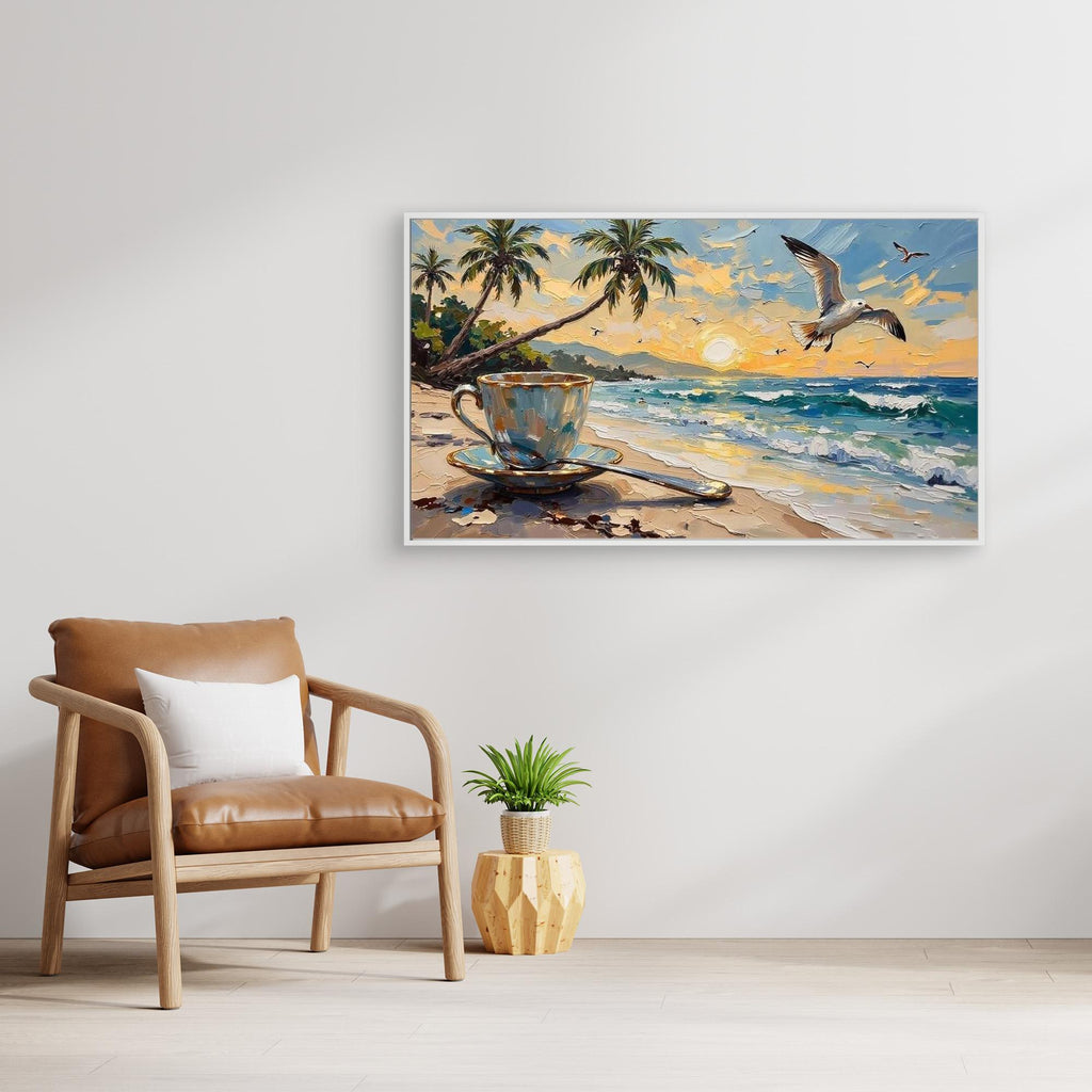 Coastal Kitchen Canvas Print – Coffee & Sunset Beach - Framed Pop Art