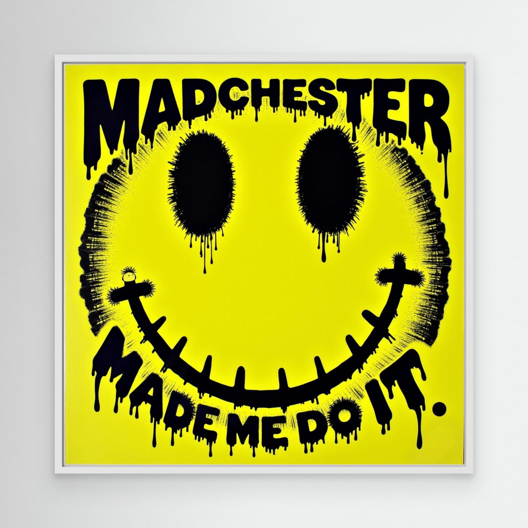 Madchester Made Me Do It | Retro Smiley Face Canvas Wall Art - Framed Pop Art
