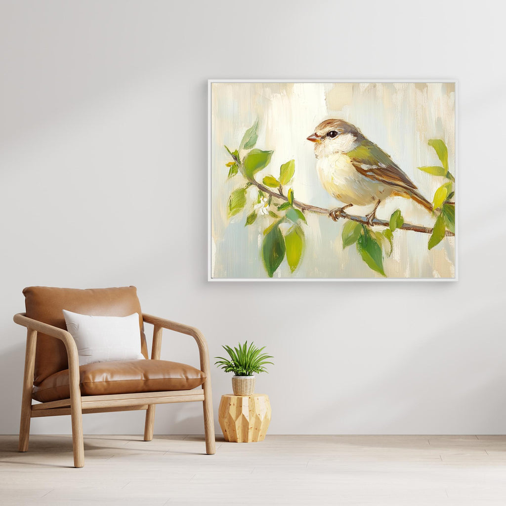Bird on Branch Oil Painting | Nursery Wall Art Decor - Framed Pop Art