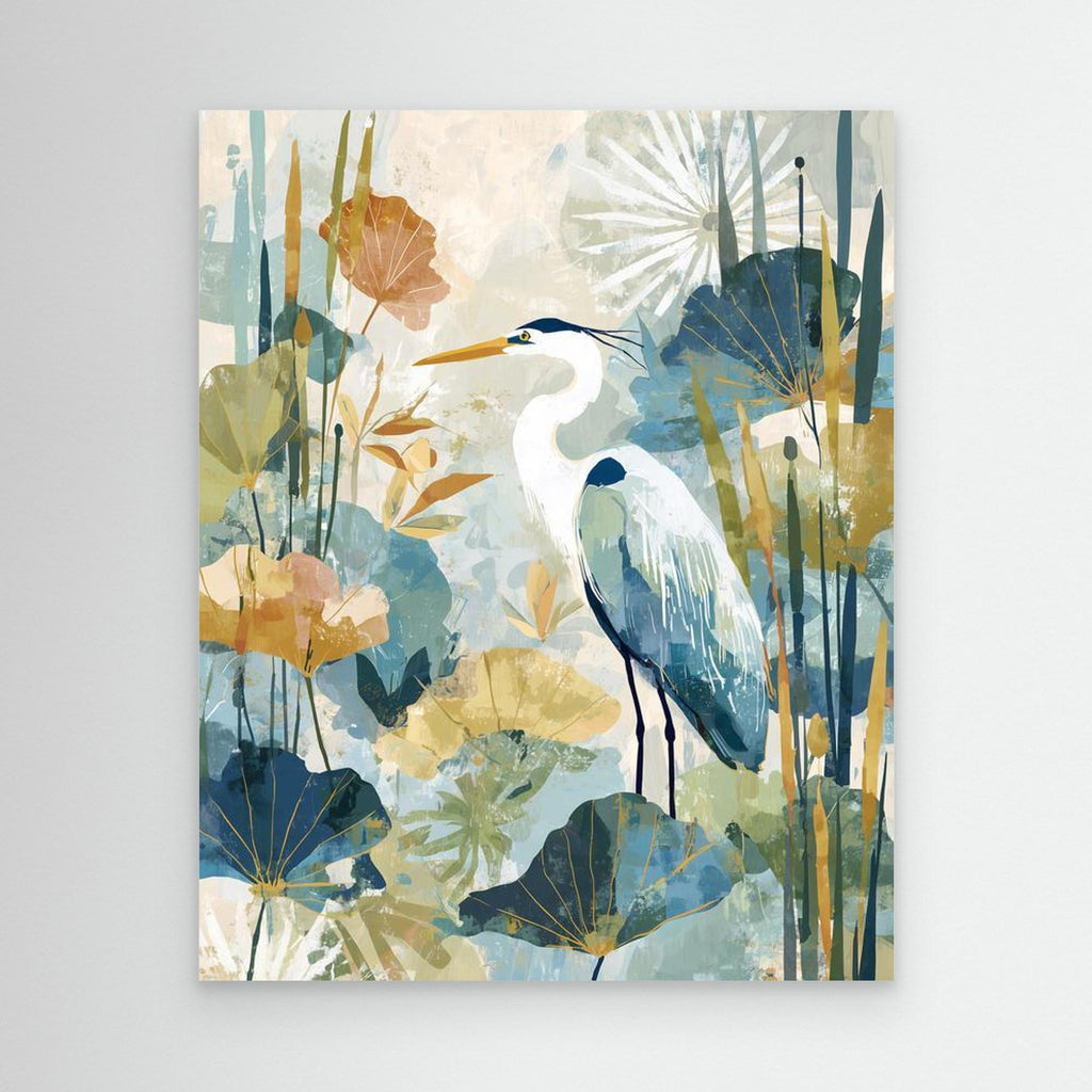 Heron in the Reeds Canvas Wall Art | Modern Nature Print | Nursery - Framed Pop Art