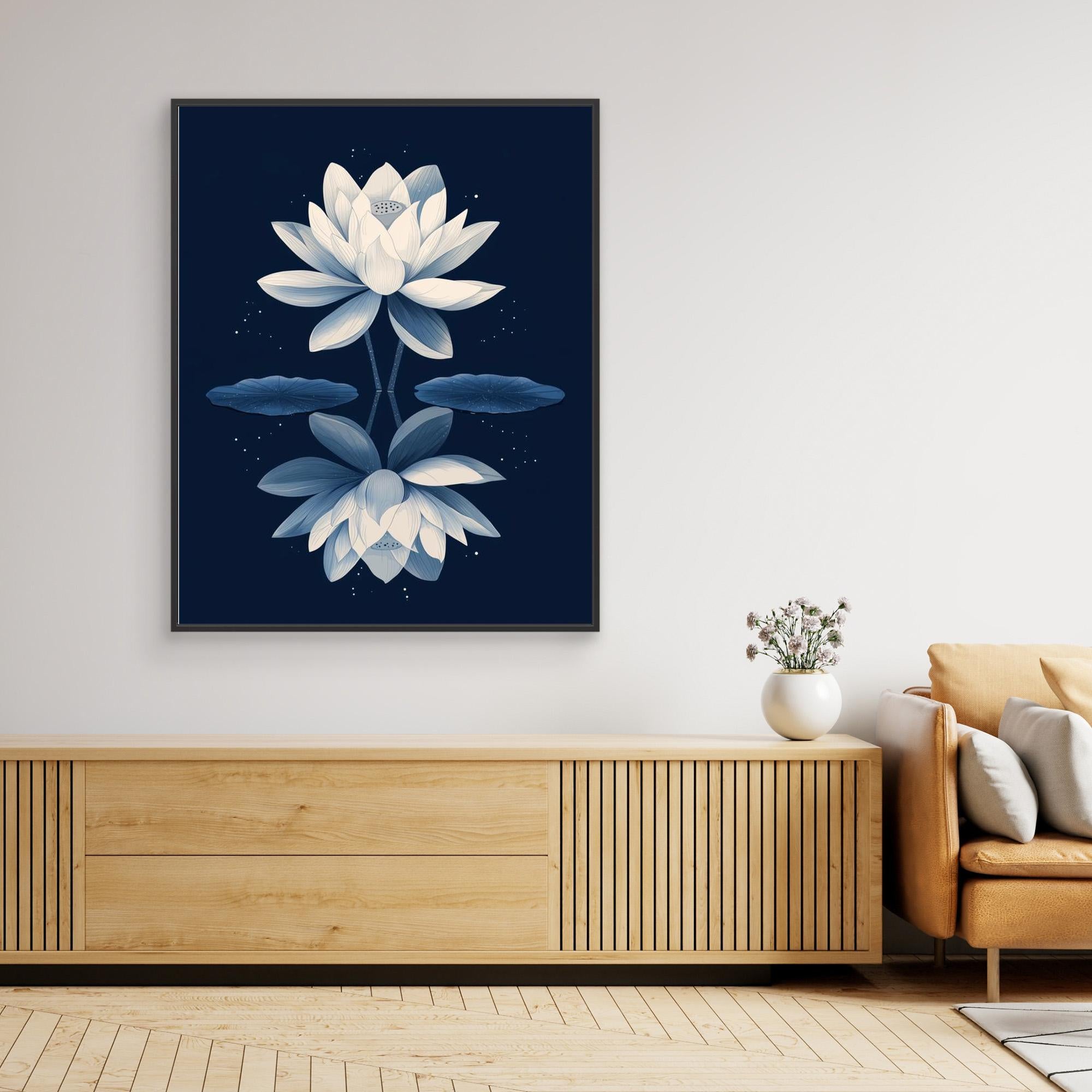 Navy Blue Lotus Flower Mirror Art Print | Zen Wall Decor - Framed Pop Art