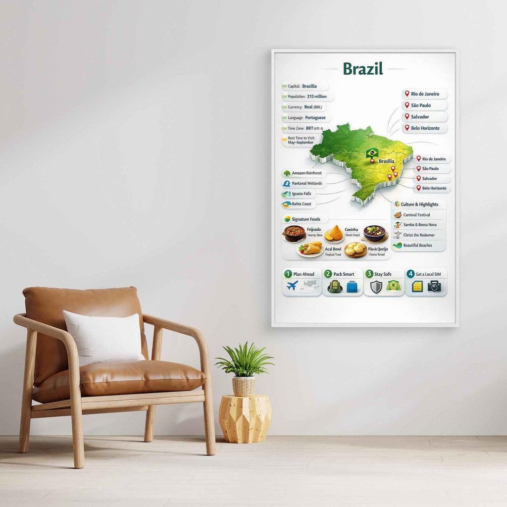 Brazil Travel Infographic Poster | Vibrant Canvas Wall Art - Framed Pop Art