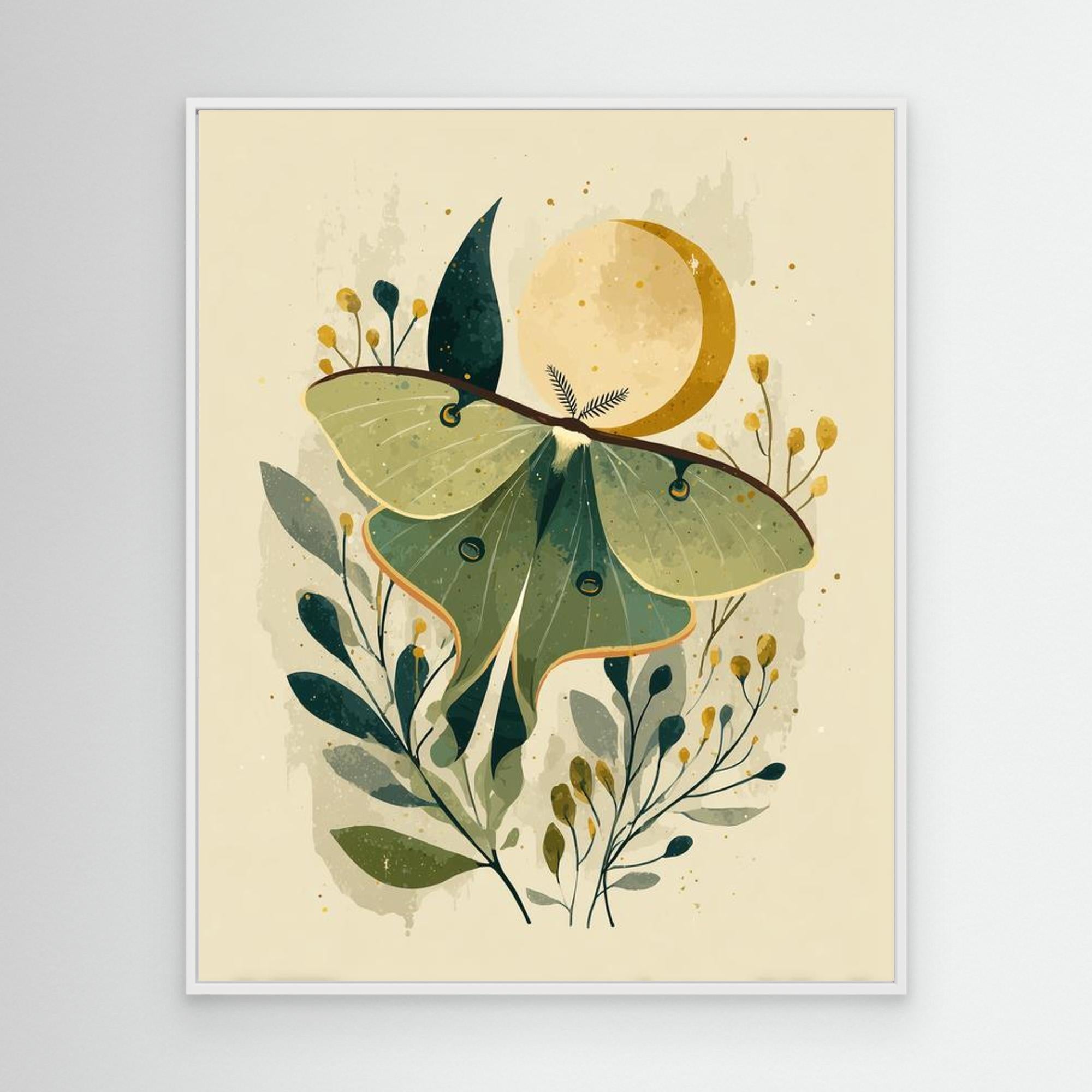 Luna Moth & Crescent Moon Art Print | Nature-Inspired Wall Decor | Nursery - Framed Pop Art