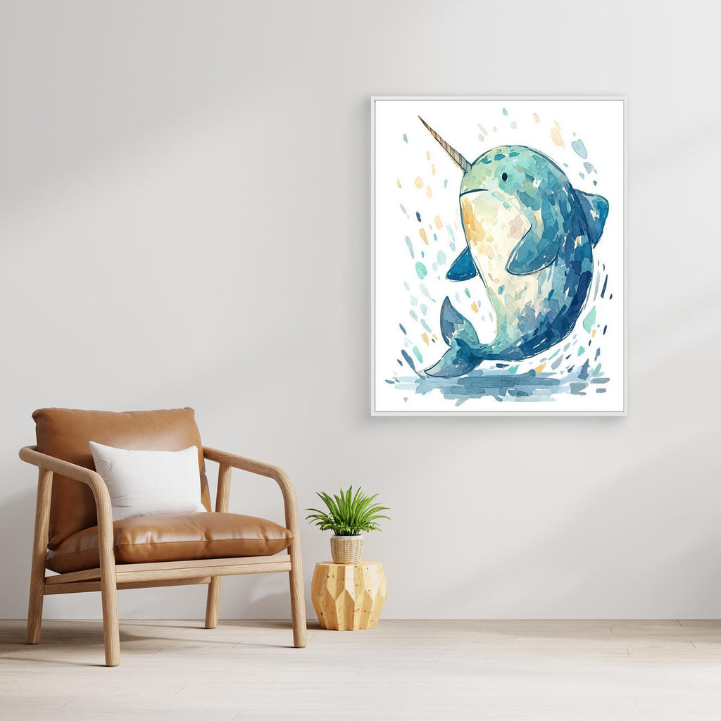 Whimsical Watercolor Narwhal Wall Art | Cute Nursery Print - Framed Pop Art
