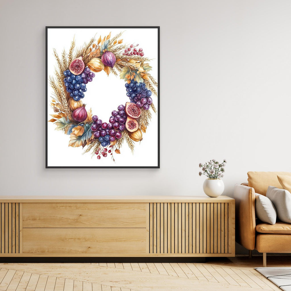 Autumn Harvest Wreath Art Print | Fig & Grape Wall Decor - Framed Pop Art