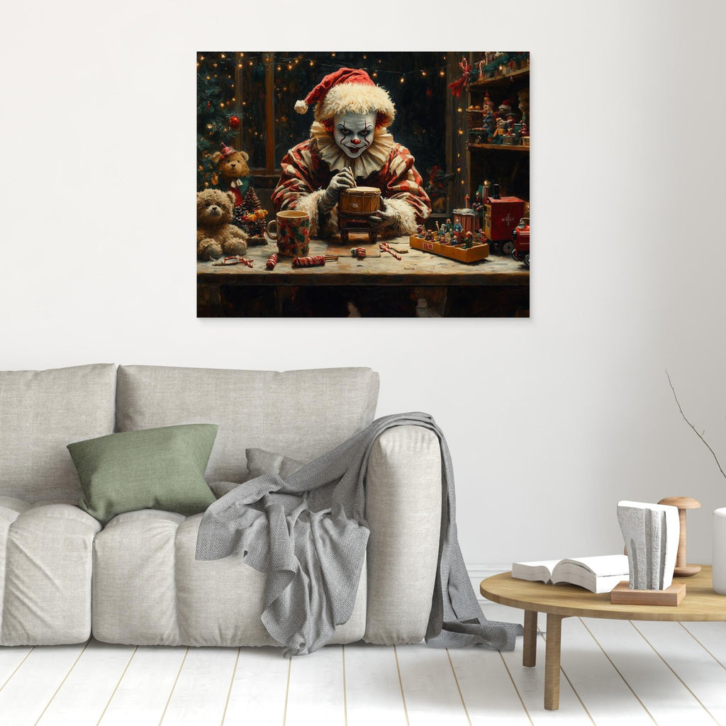 Creepy Christmas Clown Toy Workshop Canvas Print - Framed Pop Art