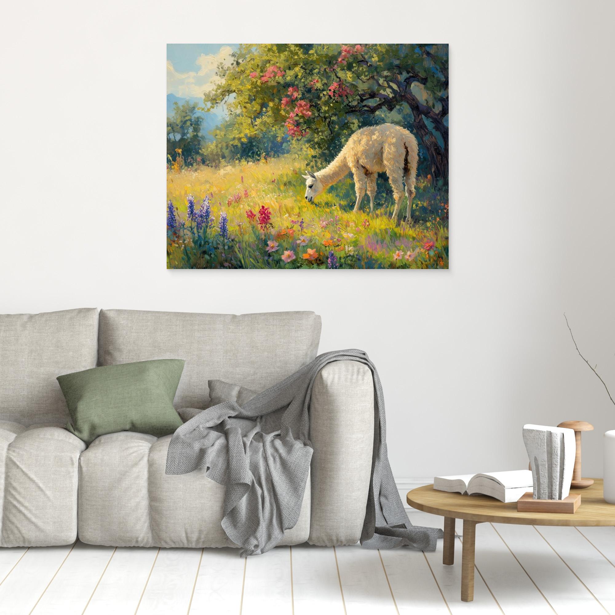 Llama in Flower Meadow Canvas Print | Sunlit Country Wall Art - Framed Pop Art