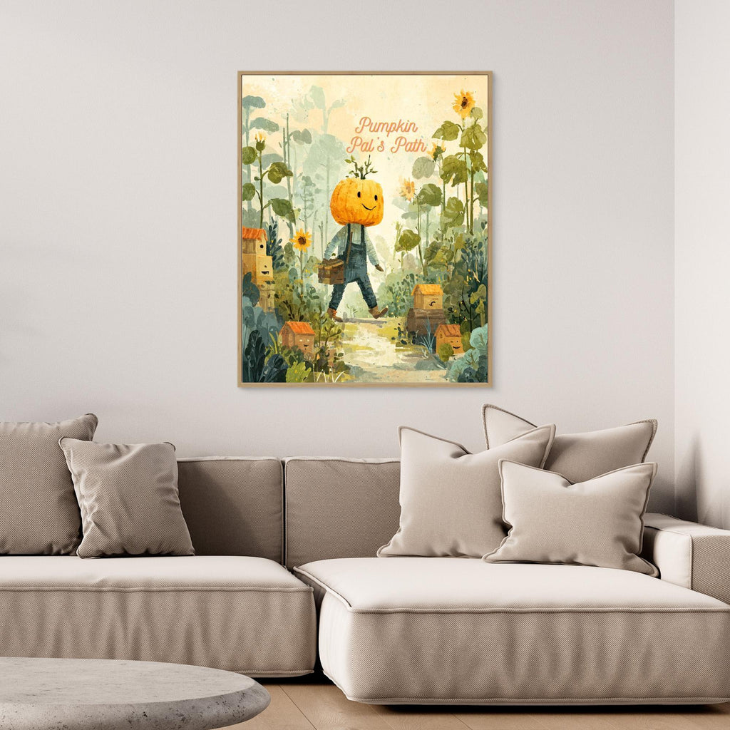 Pumpkin Pal’s Path Whimsical Autumn Canvas Wall Art - Framed Pop Art