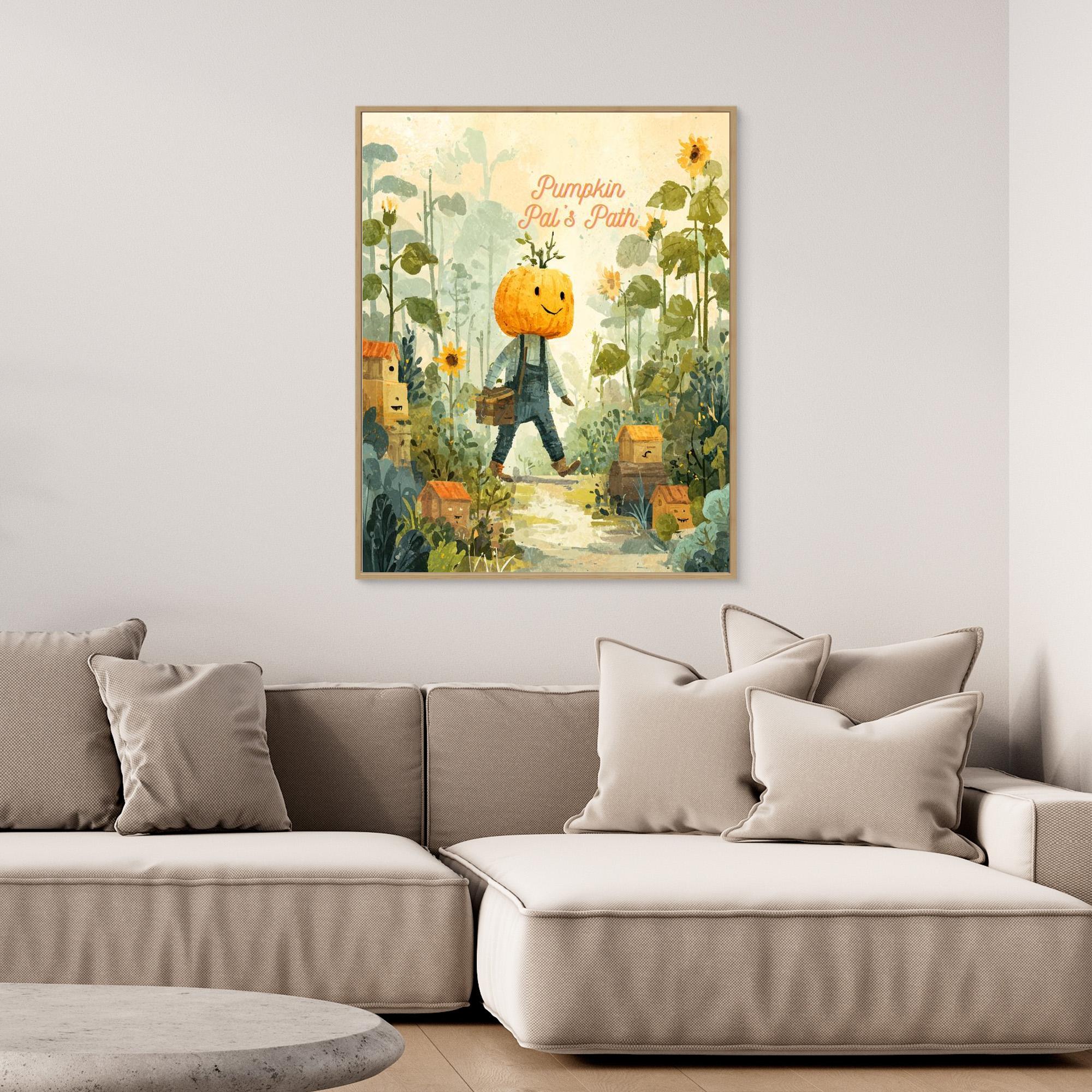 Pumpkin Pal’s Path Whimsical Autumn Canvas Wall Art - Framed Pop Art