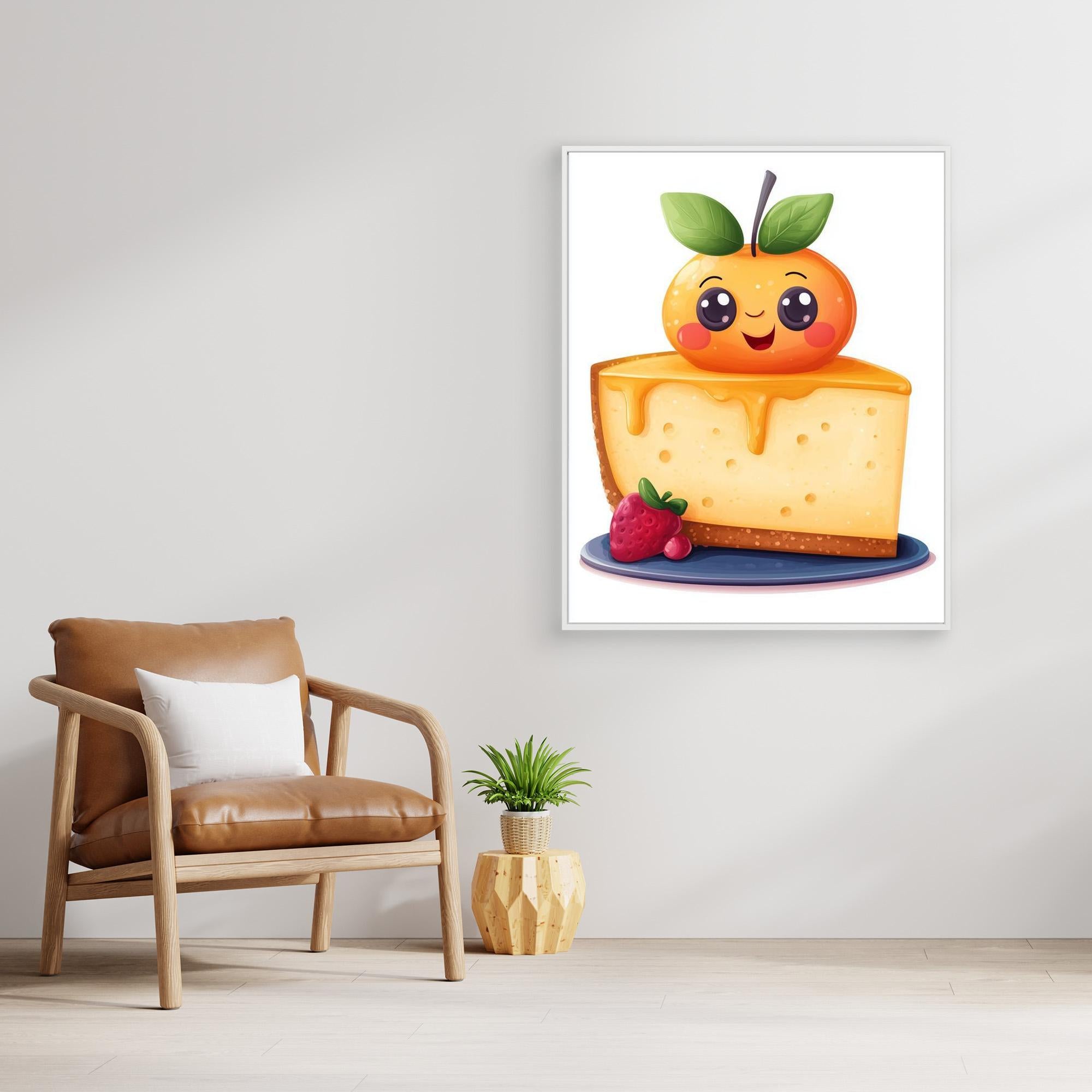 Kawaii Orange Cheesecake Art Print | Cute Kitchen Wall Decor - Framed Pop Art