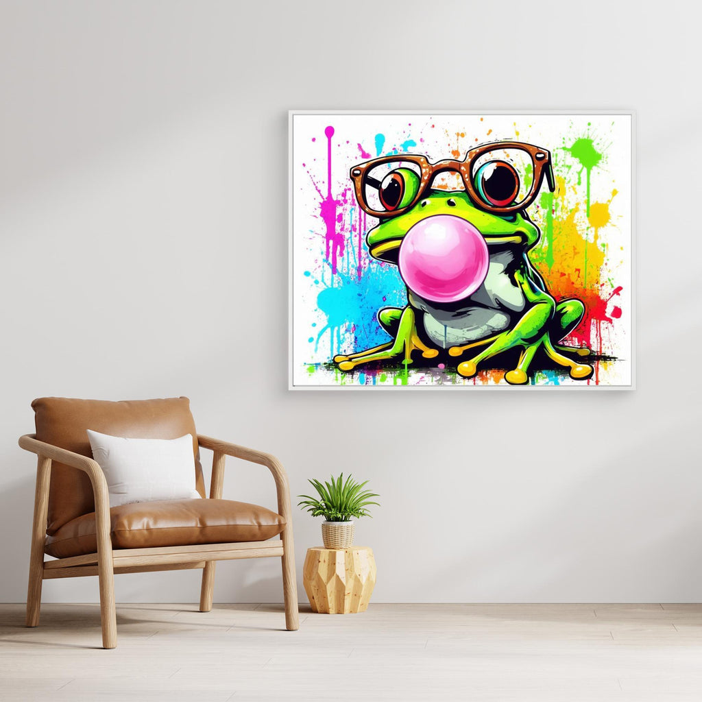 Colorful Frog Wall Art - Nerdy Frog with Glasses Canvas - Framed Pop Art