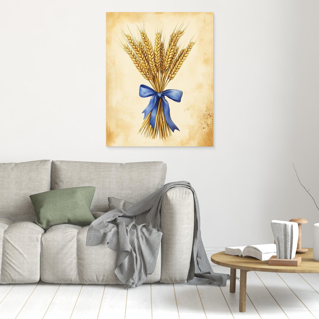 Golden Wheat Stalks Wall Art with Blue Ribbon | Rustic Decor