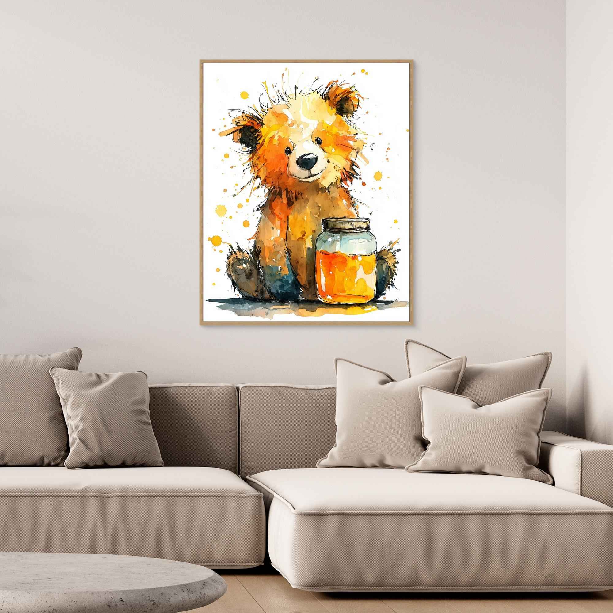 Watercolor Teddy Bear Honey Jar Canvas - Framed Pop Art