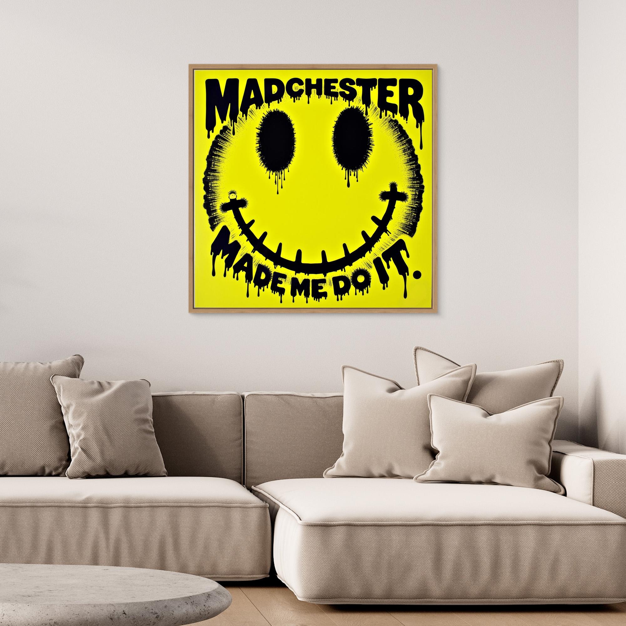 Madchester Made Me Do It | Retro Smiley Face Canvas Wall Art - Framed Pop Art