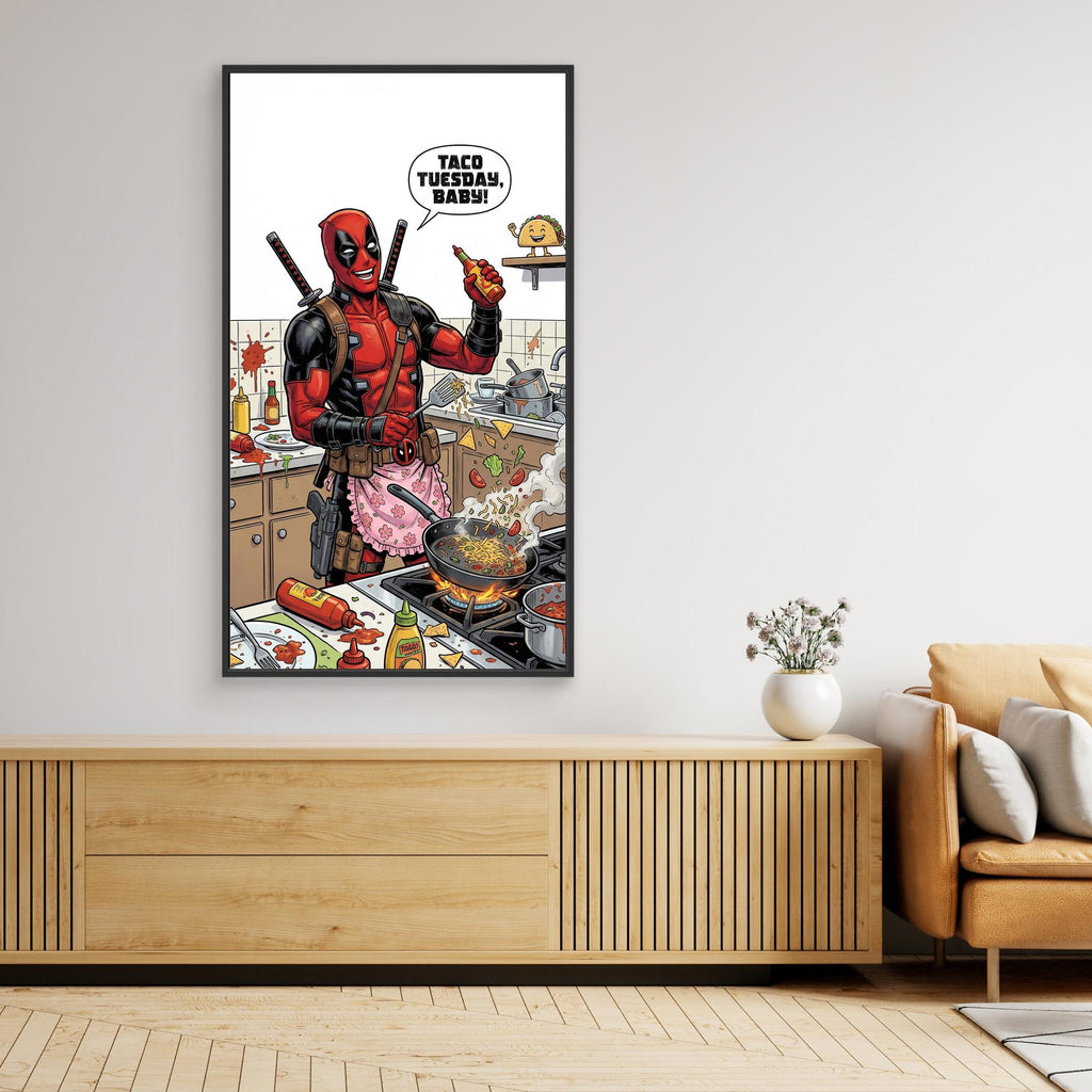 Deadpool Kitchen Wall Art Canvas – Taco Tuesday Comic Print - Framed Pop Art