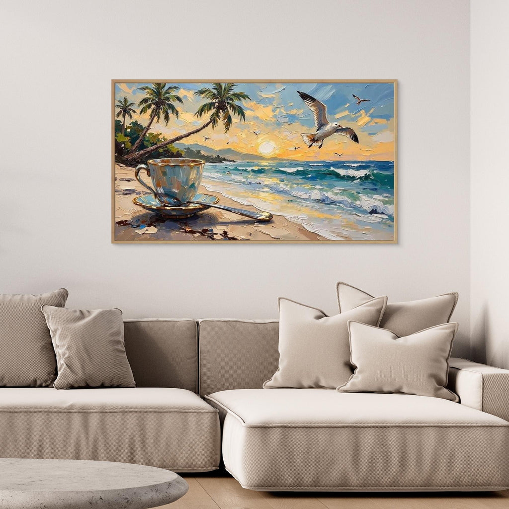 Coastal Kitchen Canvas Print – Coffee & Sunset Beach - Framed Pop Art