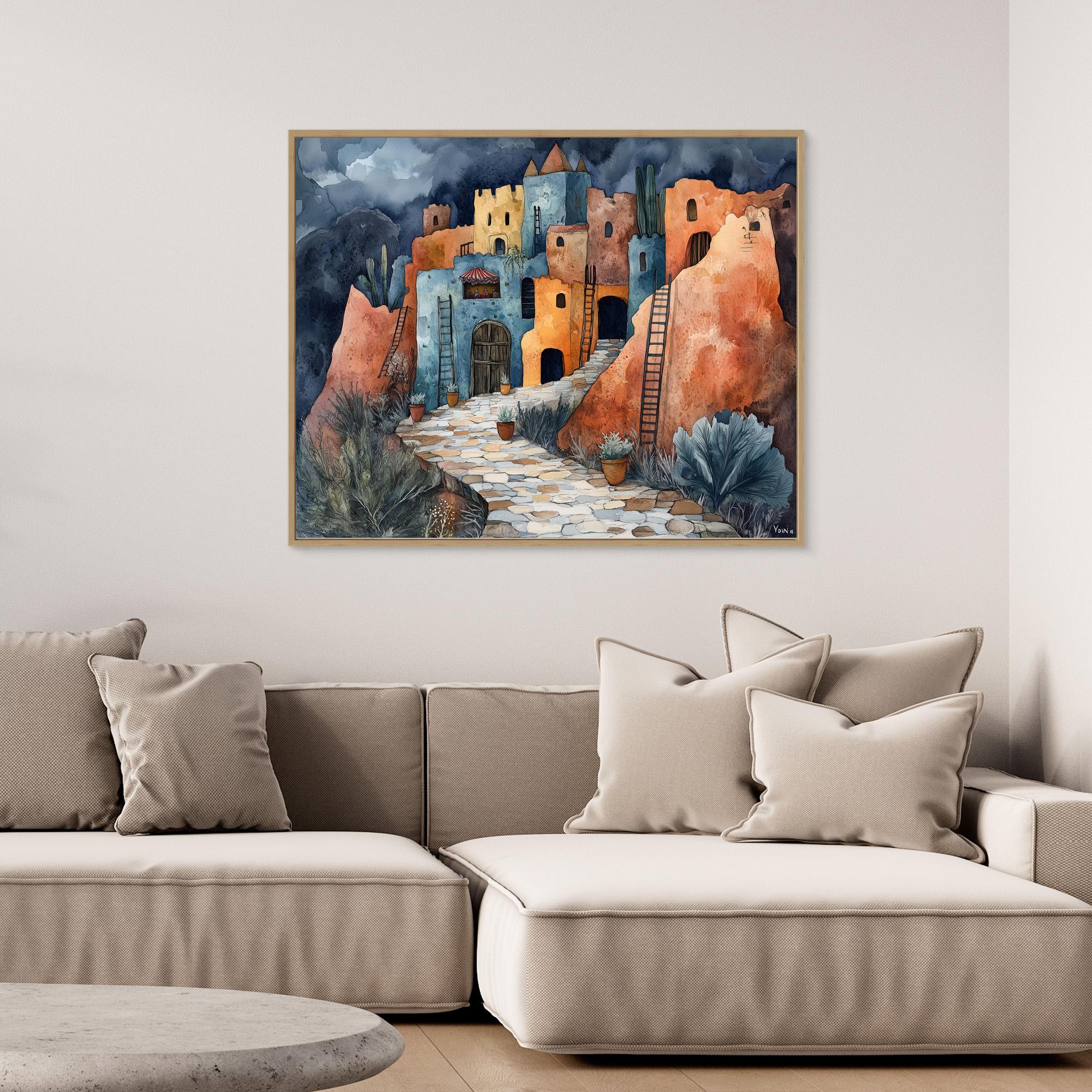 Desert Village Watercolour Canvas Print for Hallway Decor - Framed Pop Art