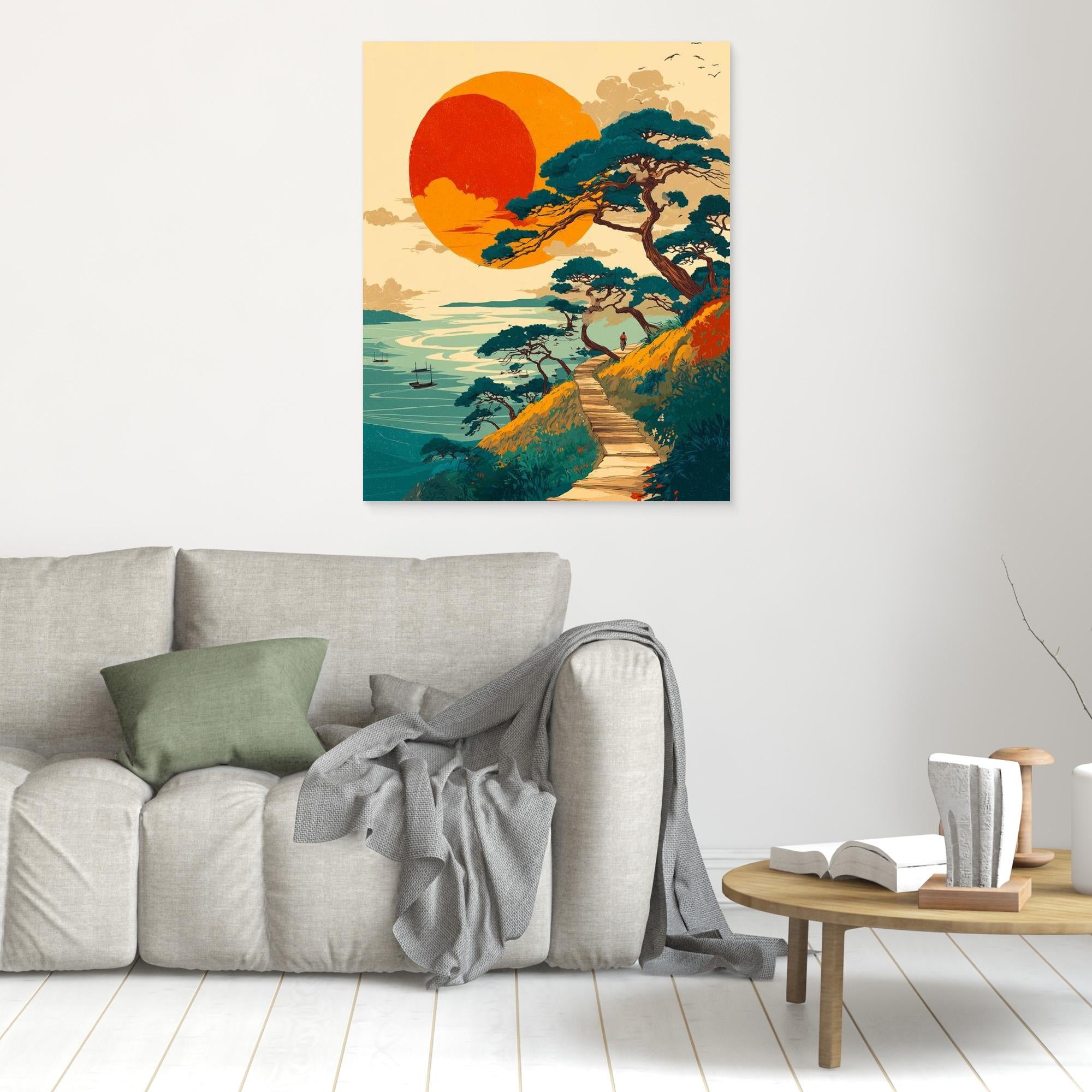 Bold Sunset Coastal Path Landscape Canvas Wall Art Print - Framed Pop Art