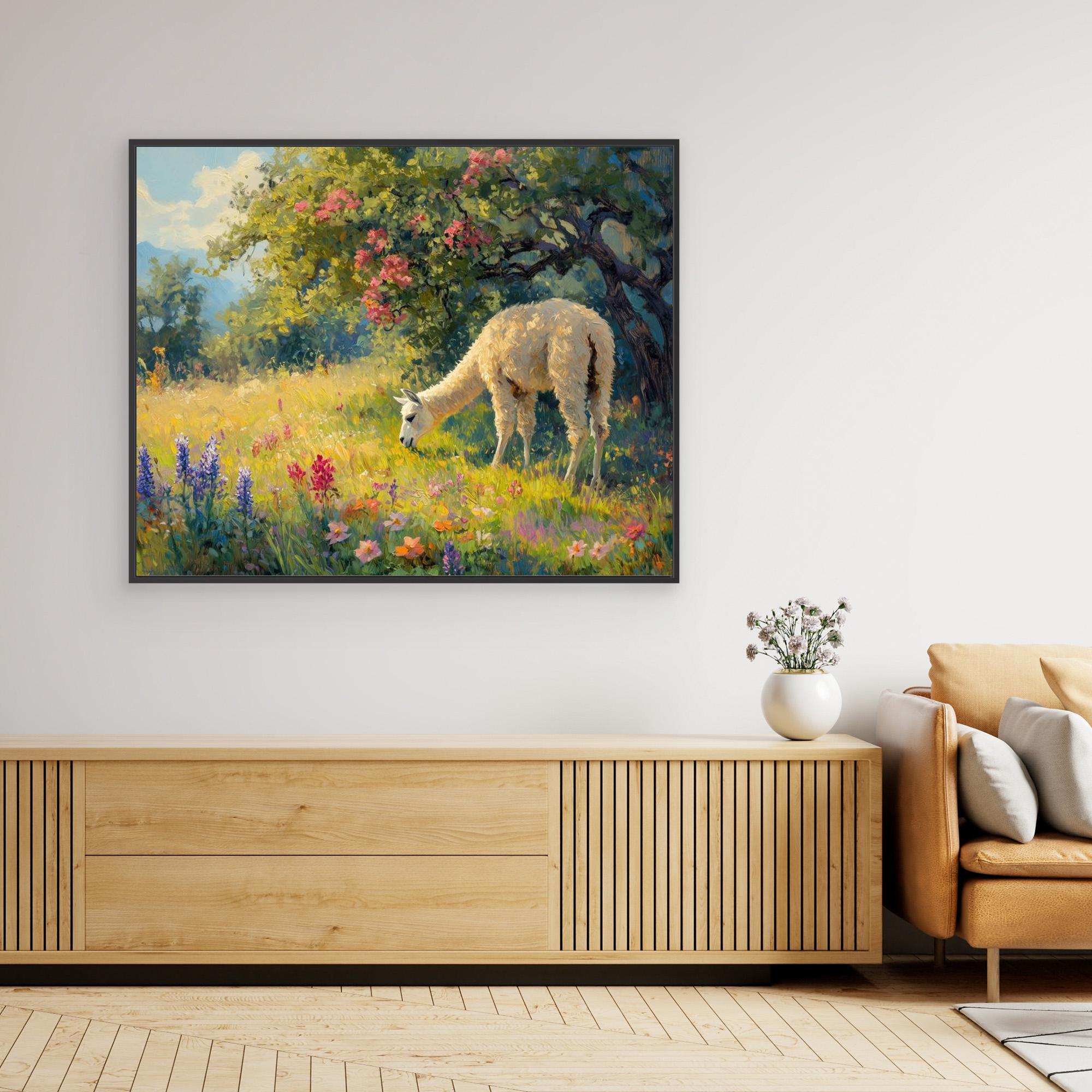 Llama in Flower Meadow Canvas Print | Sunlit Country Wall Art - Framed Pop Art