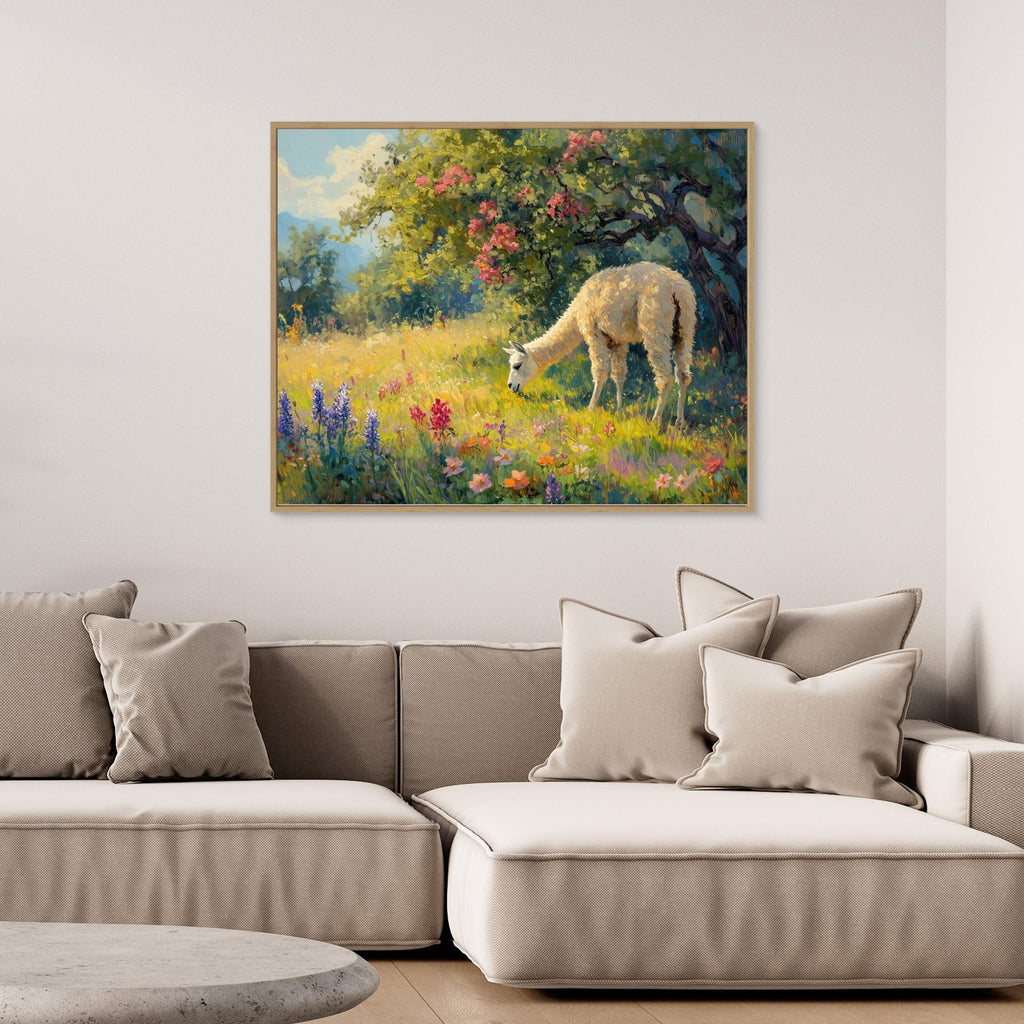 Llama in Flower Meadow Canvas Print | Sunlit Country Wall Art - Framed Pop Art