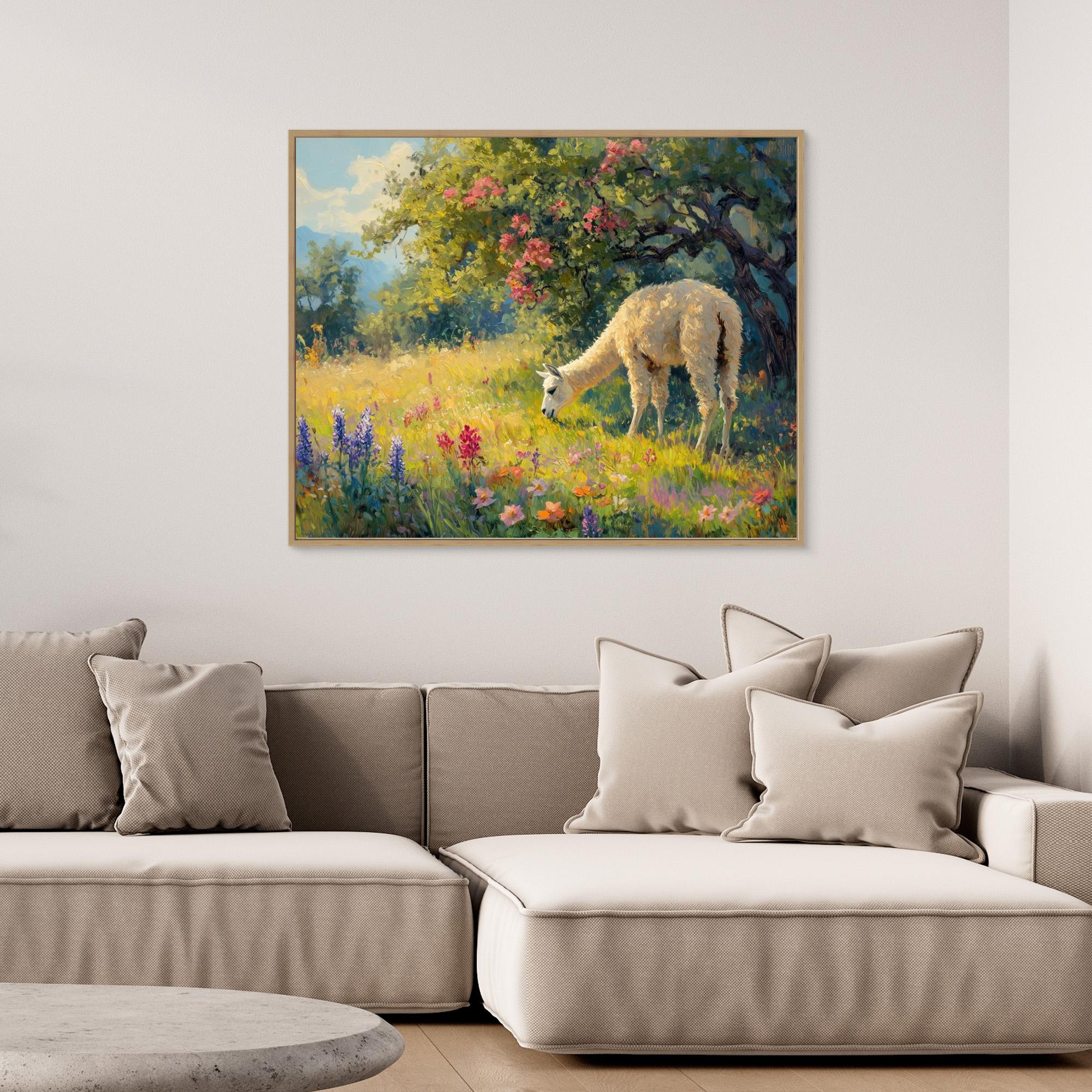 Llama in Flower Meadow Canvas Print | Sunlit Country Wall Art - Framed Pop Art