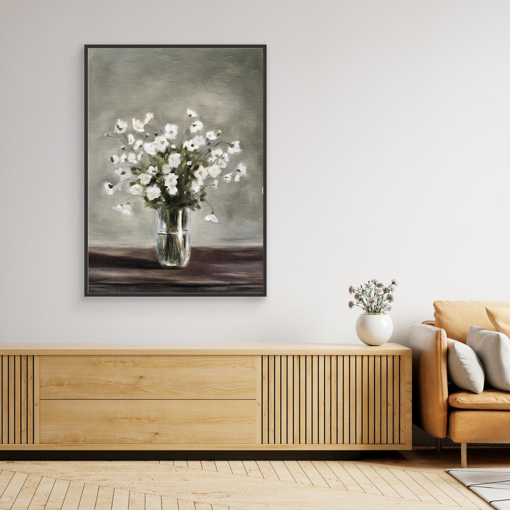White Floral Still Life Painting | Hallway Wall Art - Framed Pop Art