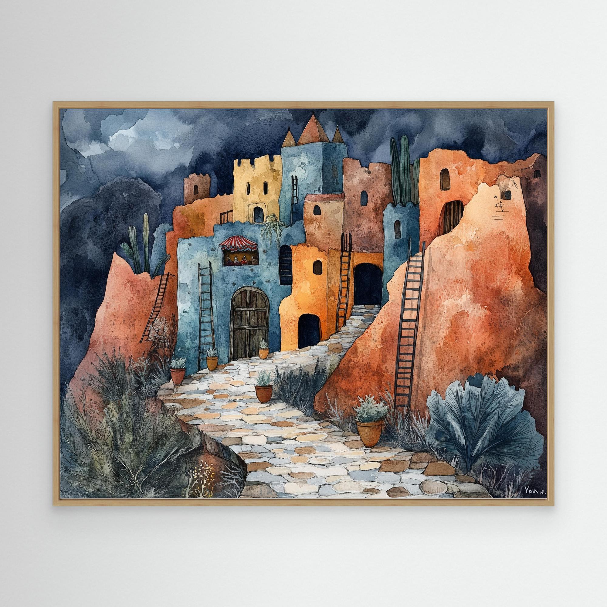 Desert Village Watercolour Canvas Print for Hallway Decor - Framed Pop Art